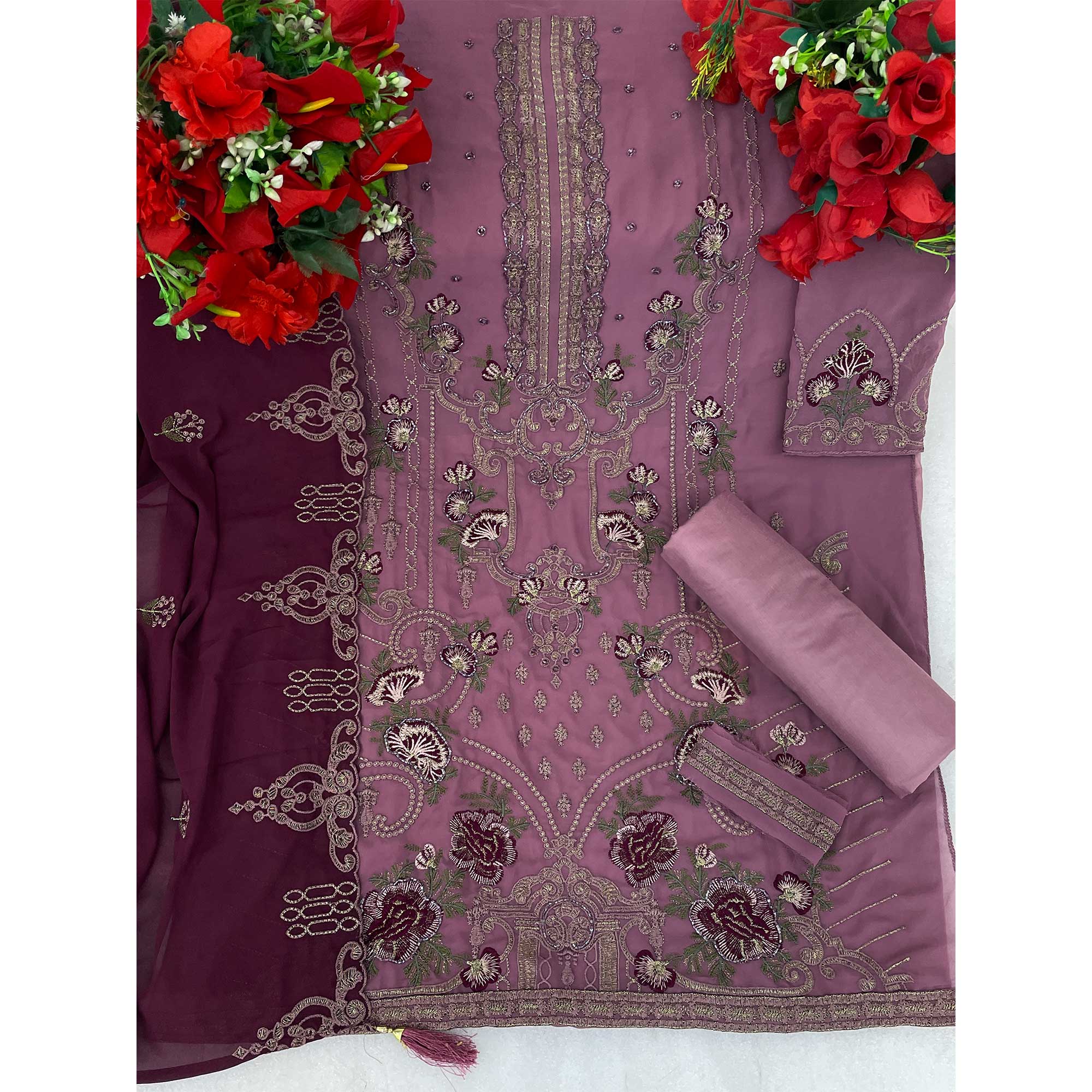 Mauve Floral Embroidered Georgette Semi Stitched Pakistani Suit