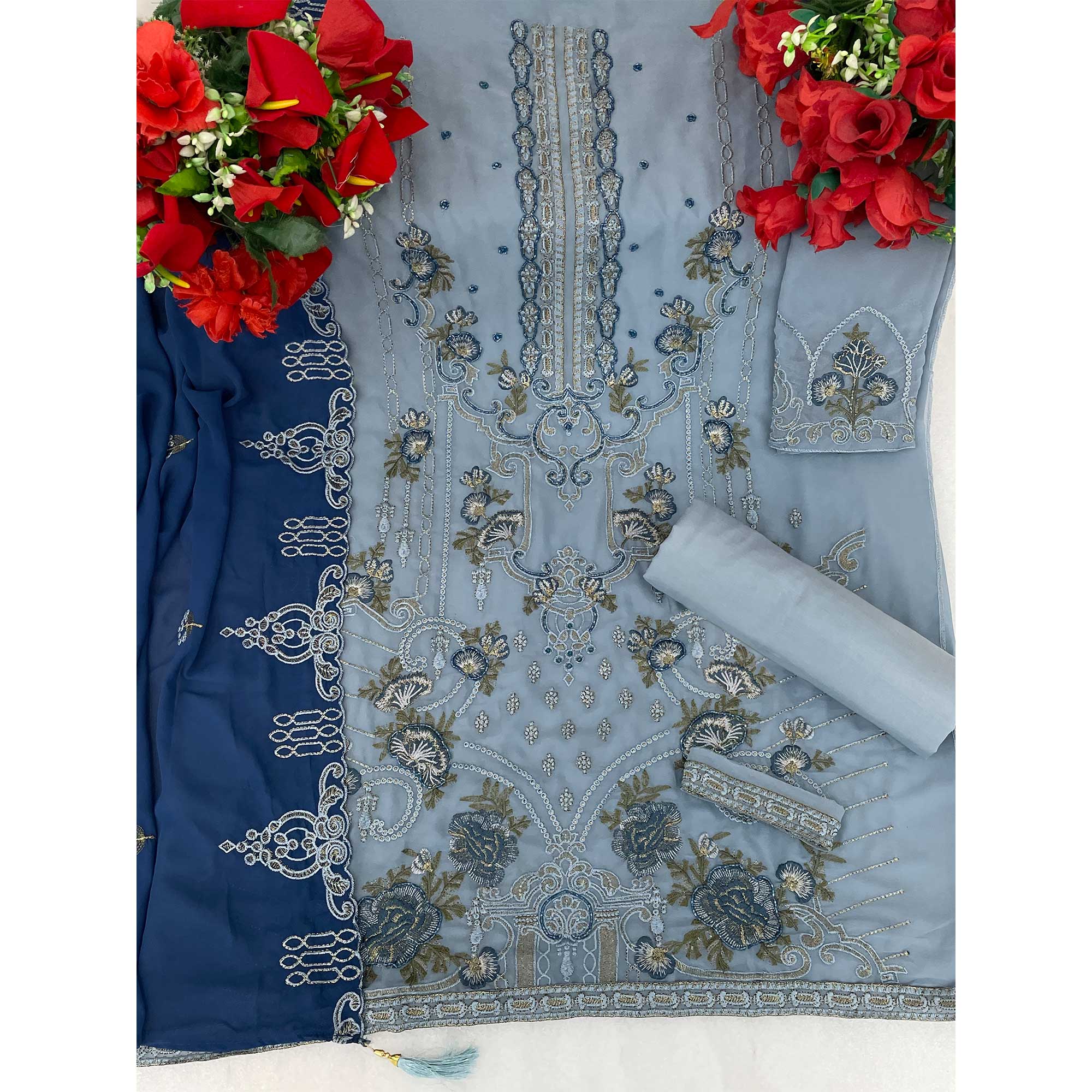 Sky Blue Floral Embroidered Georgette Semi Stitched Pakistani Suit