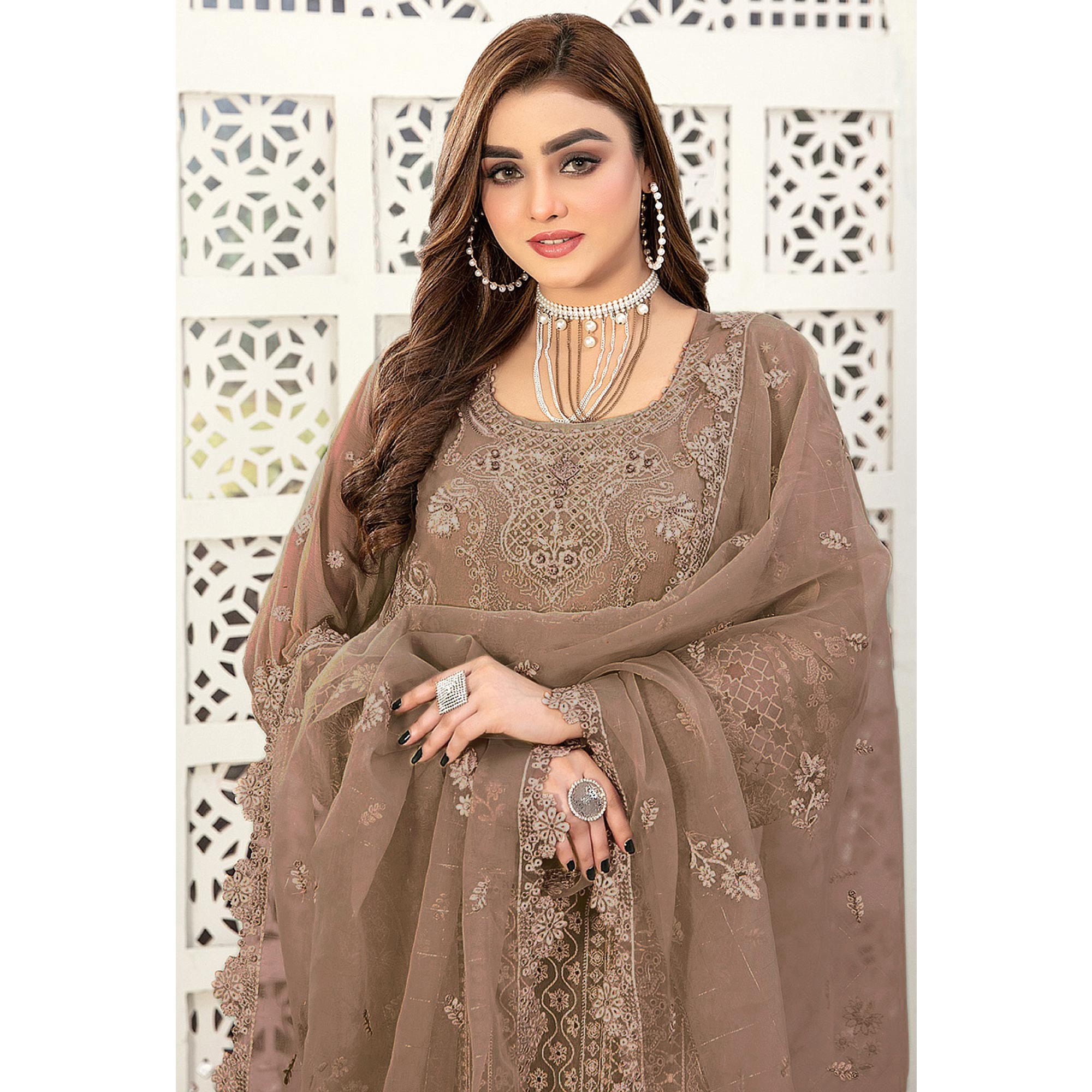 Beige Floral Embroidered Georgette Semi Stitched Pakistani Suit