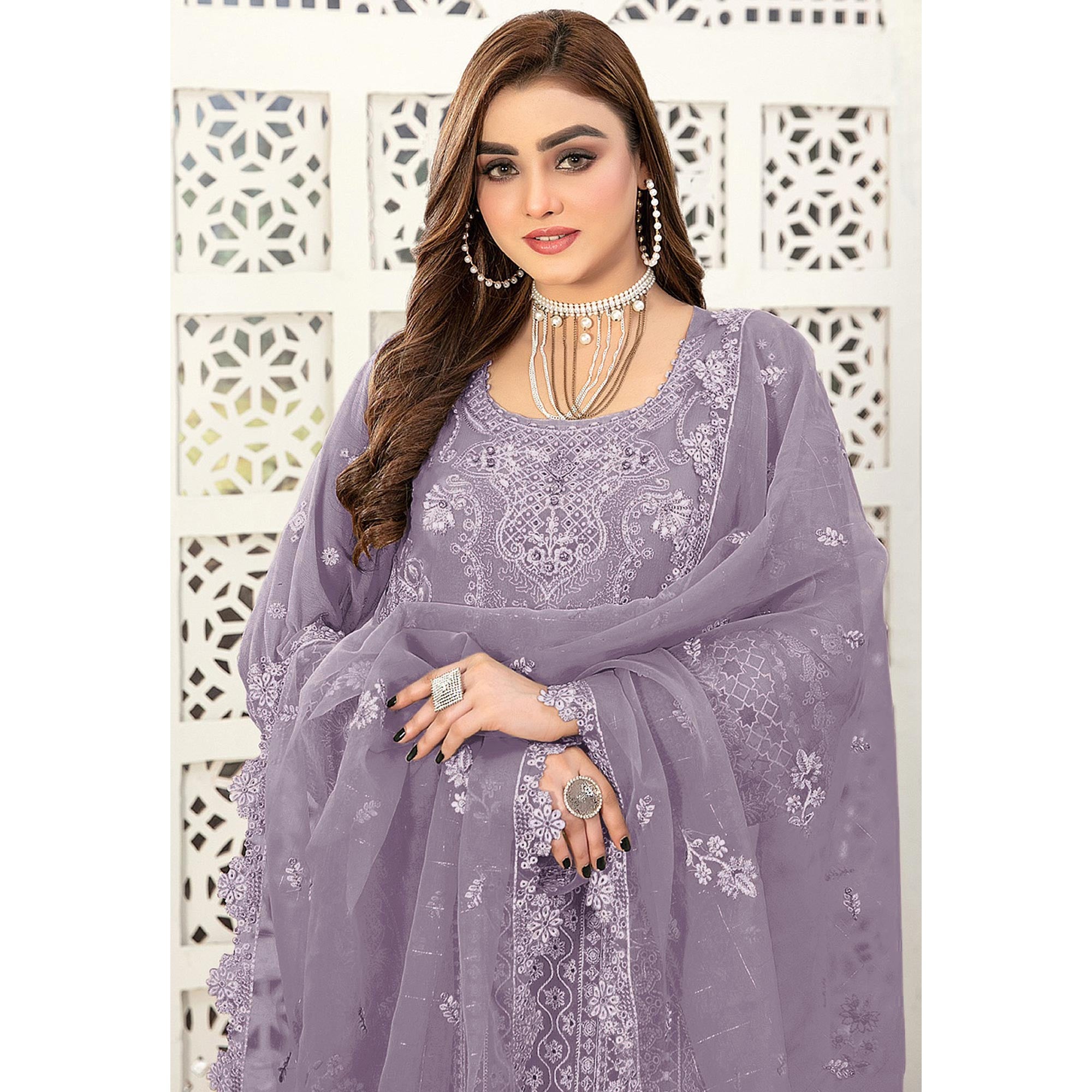 Purple Floral Embroidered Georgette Semi Stitched Pakistani Suit