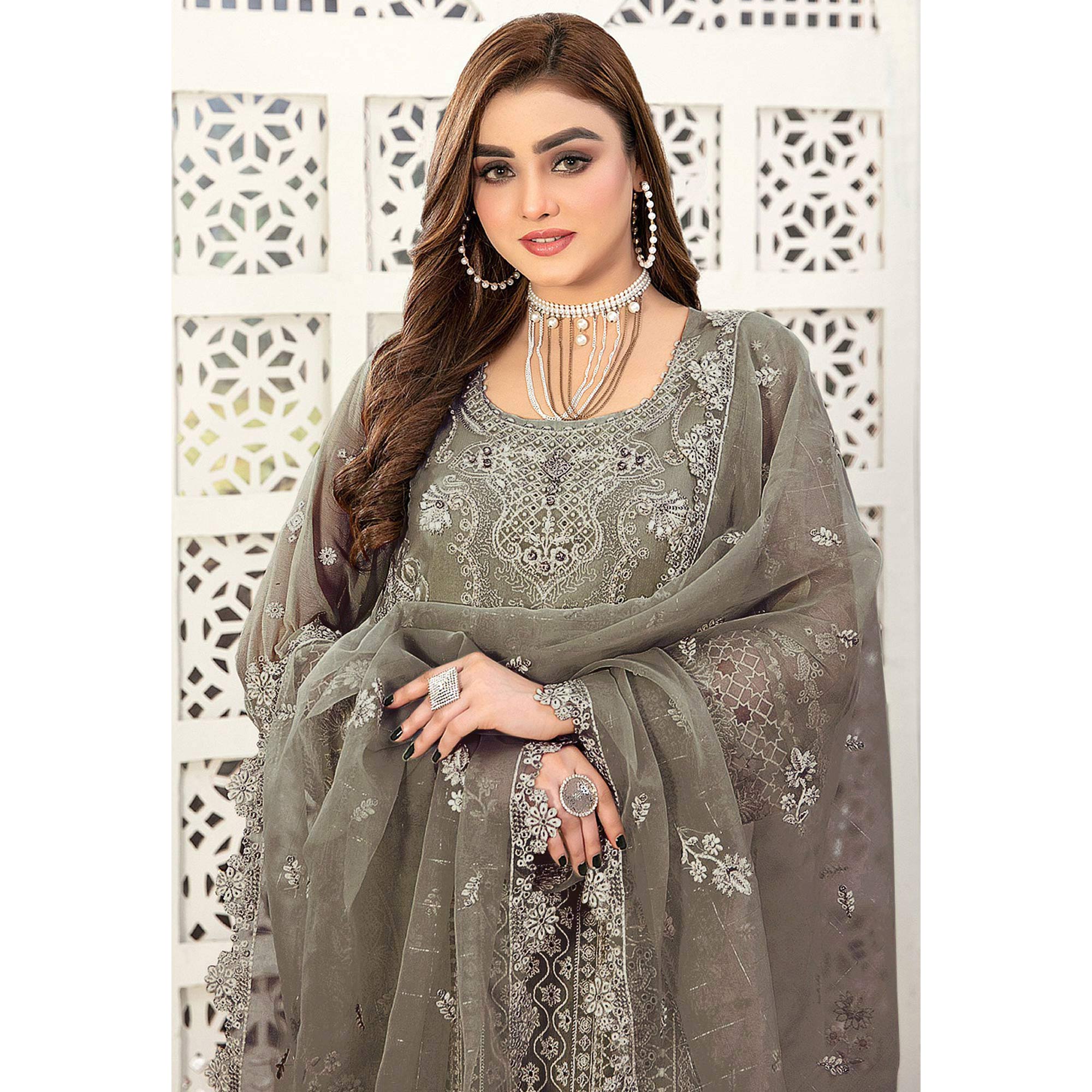 Mehendi Green Floral Embroidered Georgette Semi Stitched Pakistani Suit