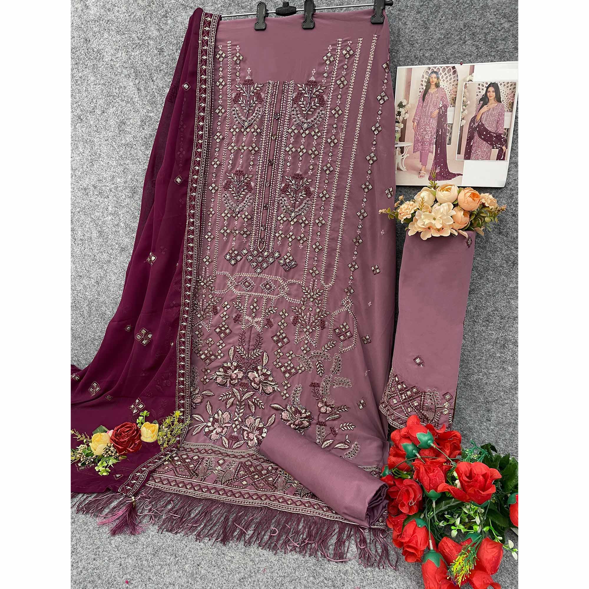 Mauve Floral Embroidered With Handwork Georgette Semi Stitched Pakistani Suit