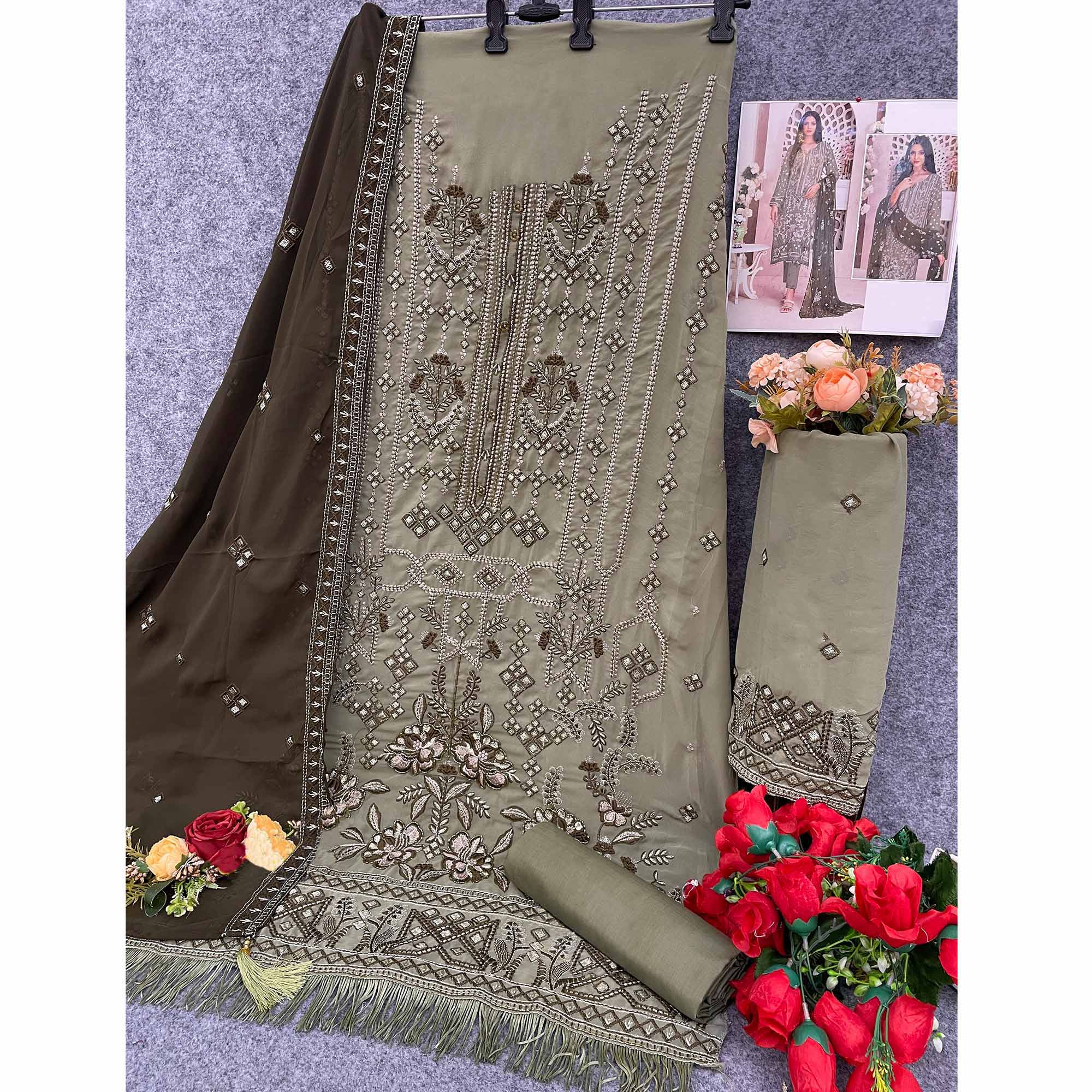 Green Floral Embroidered With Handwork Georgette Semi Stitched Pakistani Suit