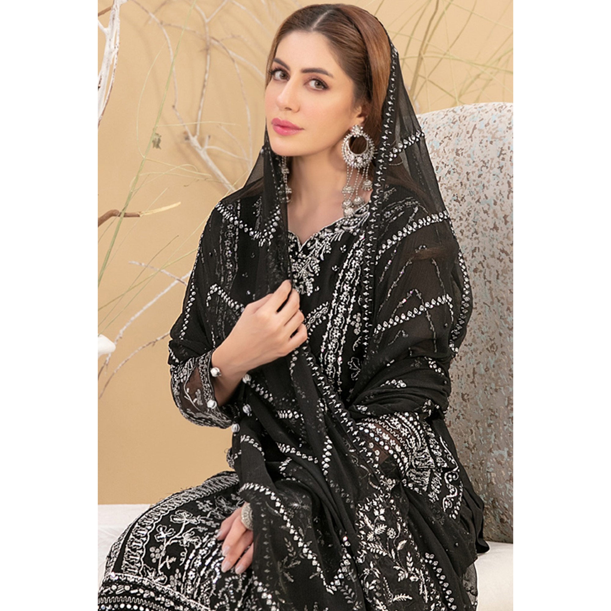 Black Floral Embroidered Georgette Semi Stitched Pakistani Suit