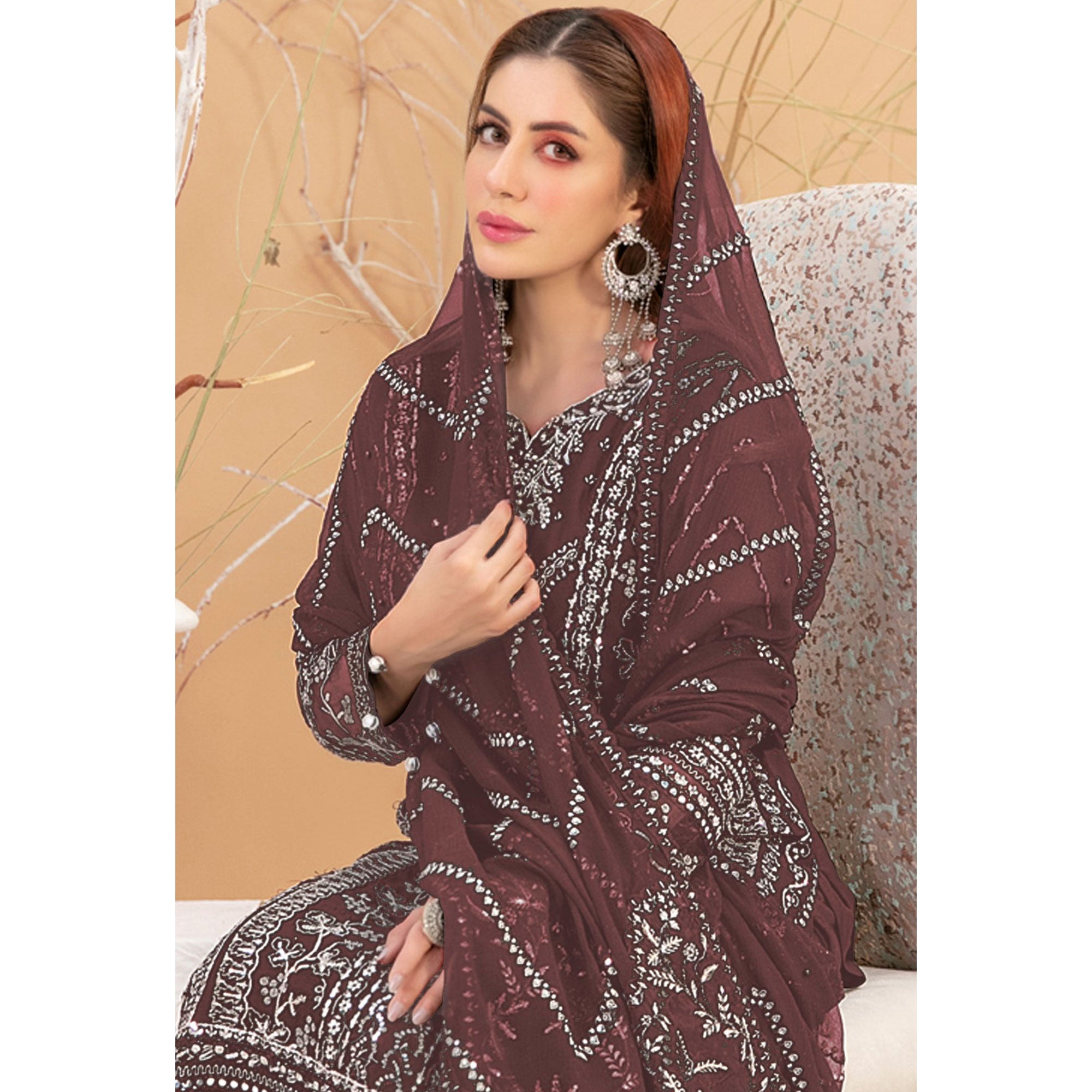 Brown Floral Embroidered Georgette Semi Stitched Pakistani Suit