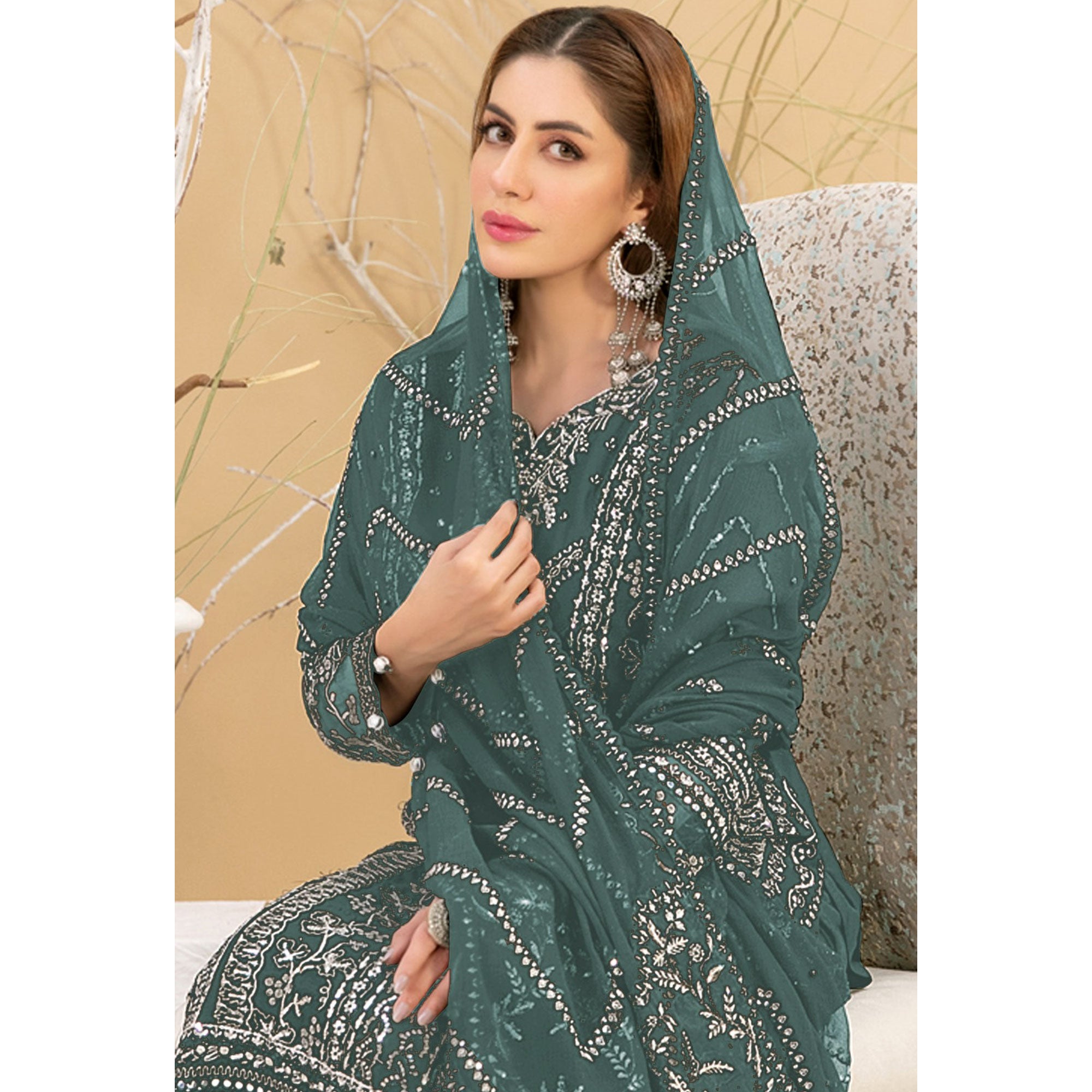 Green Floral Embroidered Georgette Semi Stitched Pakistani Suit