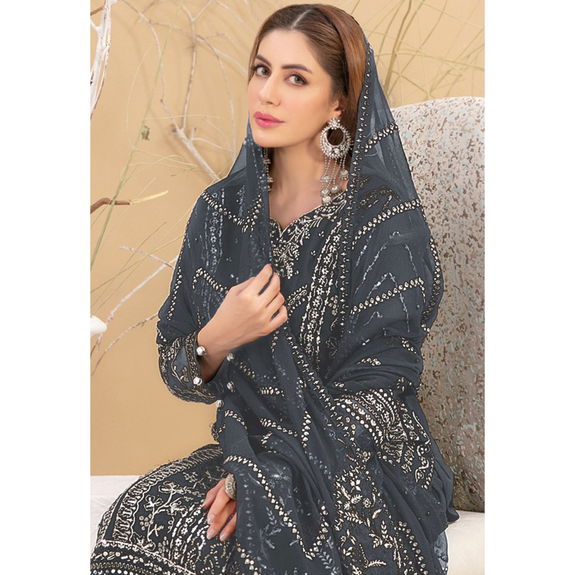Grey Floral Embroidered Georgette Semi Stitched Pakistani Suit