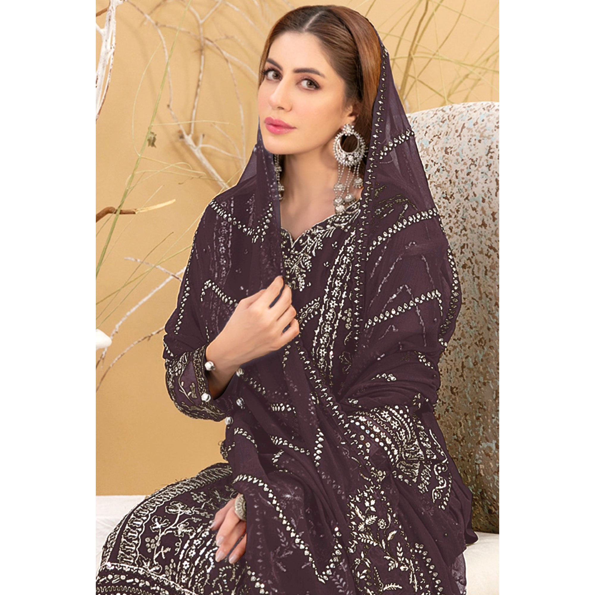 Dark Wine Floral Embroidered Georgette Semi Stitched Pakistani Suit