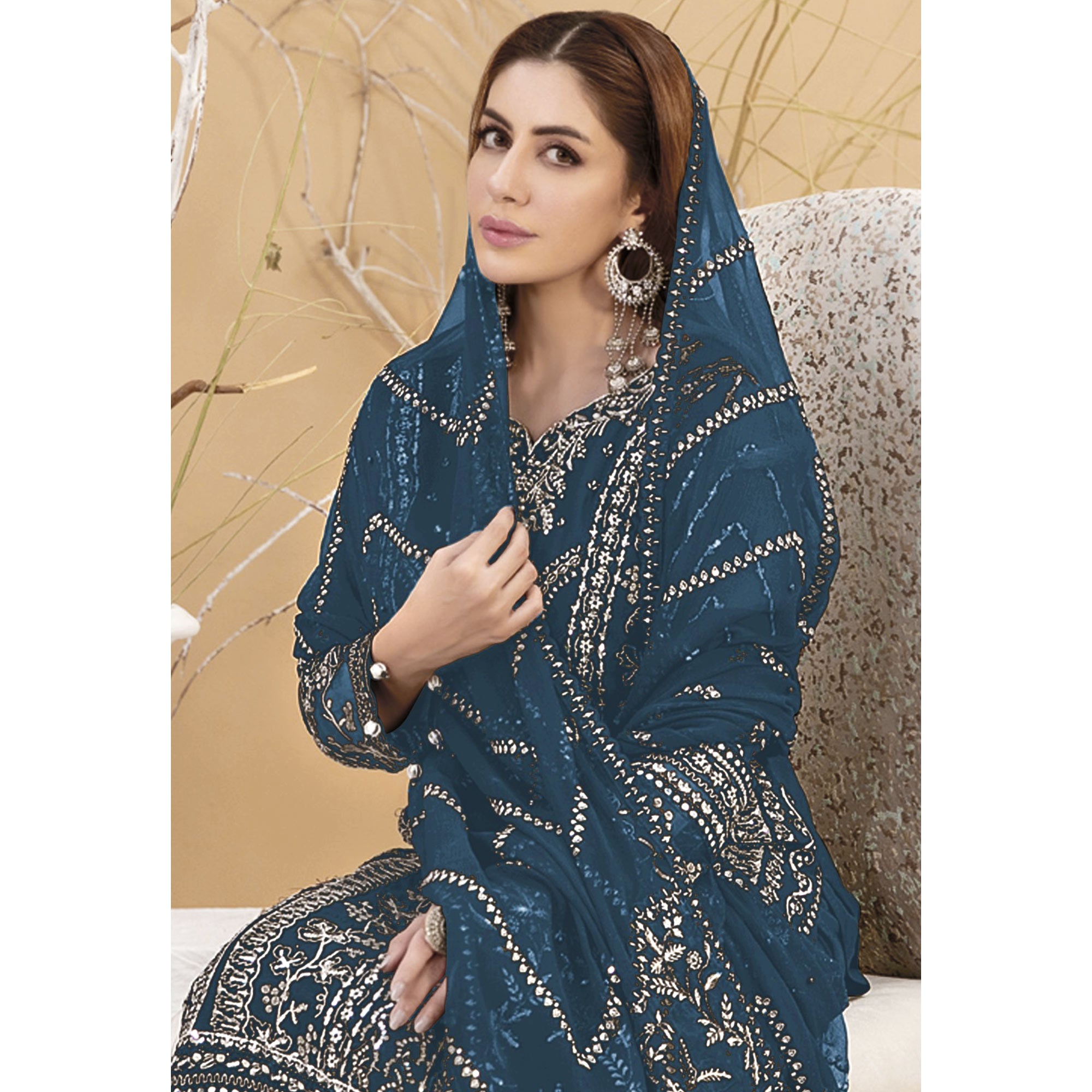 Blue Floral Embroidered Georgette Semi Stitched Pakistani Suit