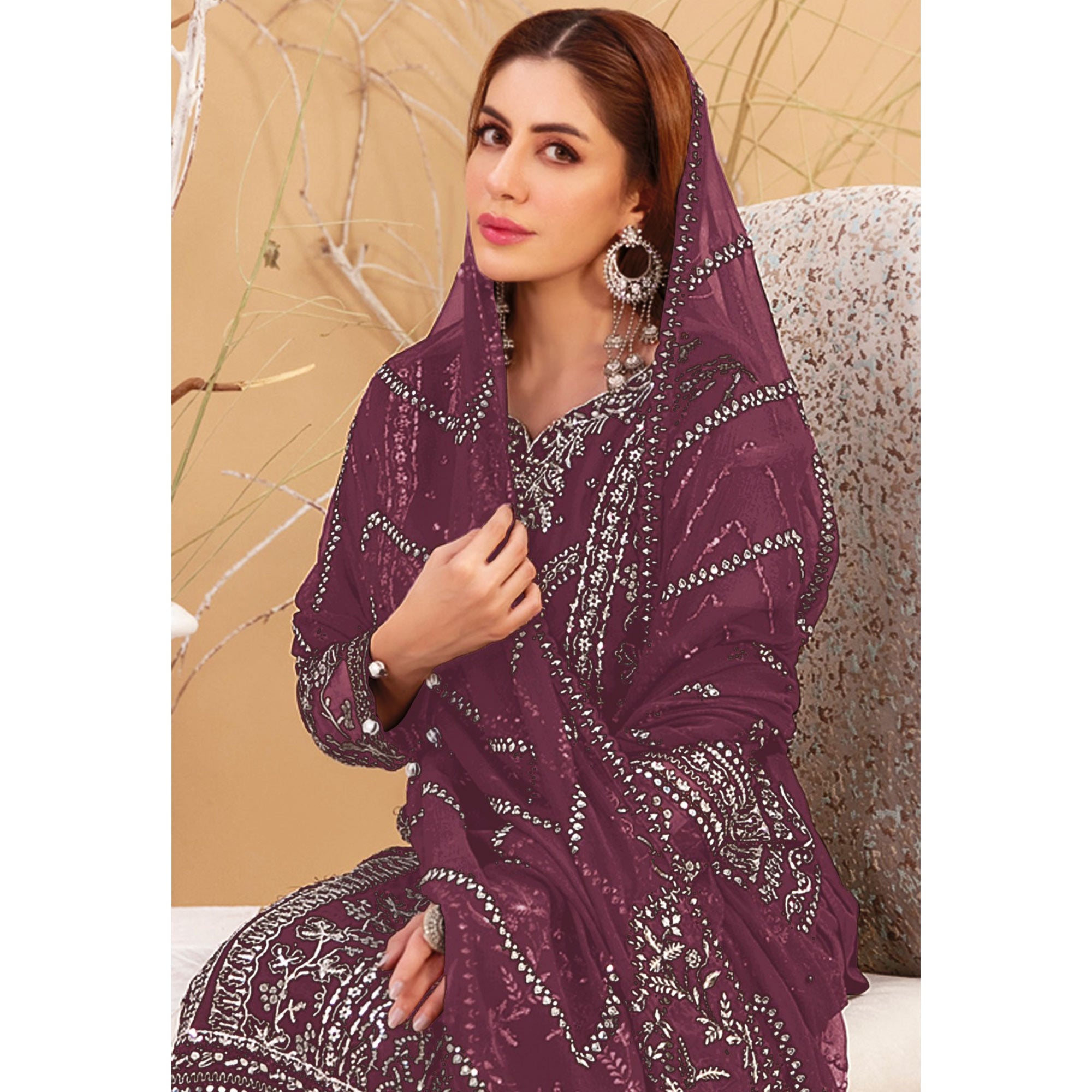 Wine Floral Embroidered Georgette Semi Stitched Pakistani Suit