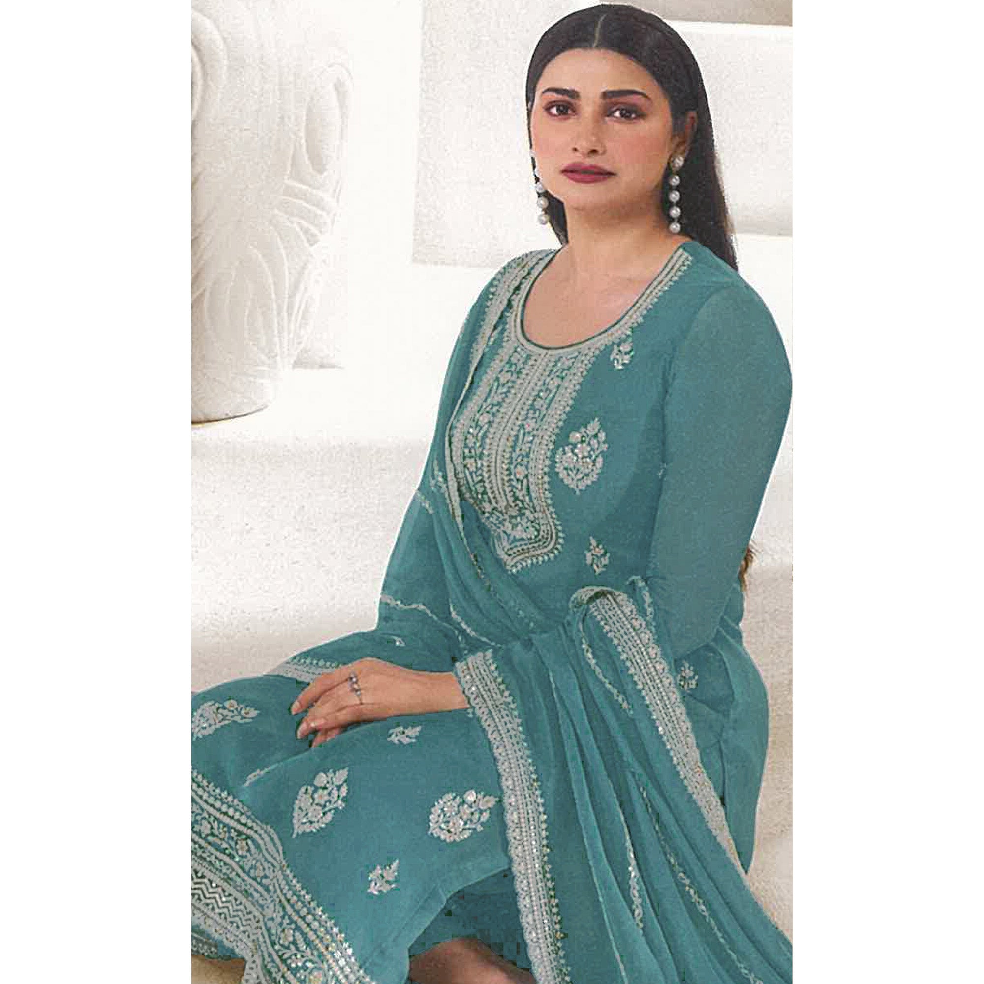 Blue Floral Embroidered Organza Semi Stitched Salwar Suit