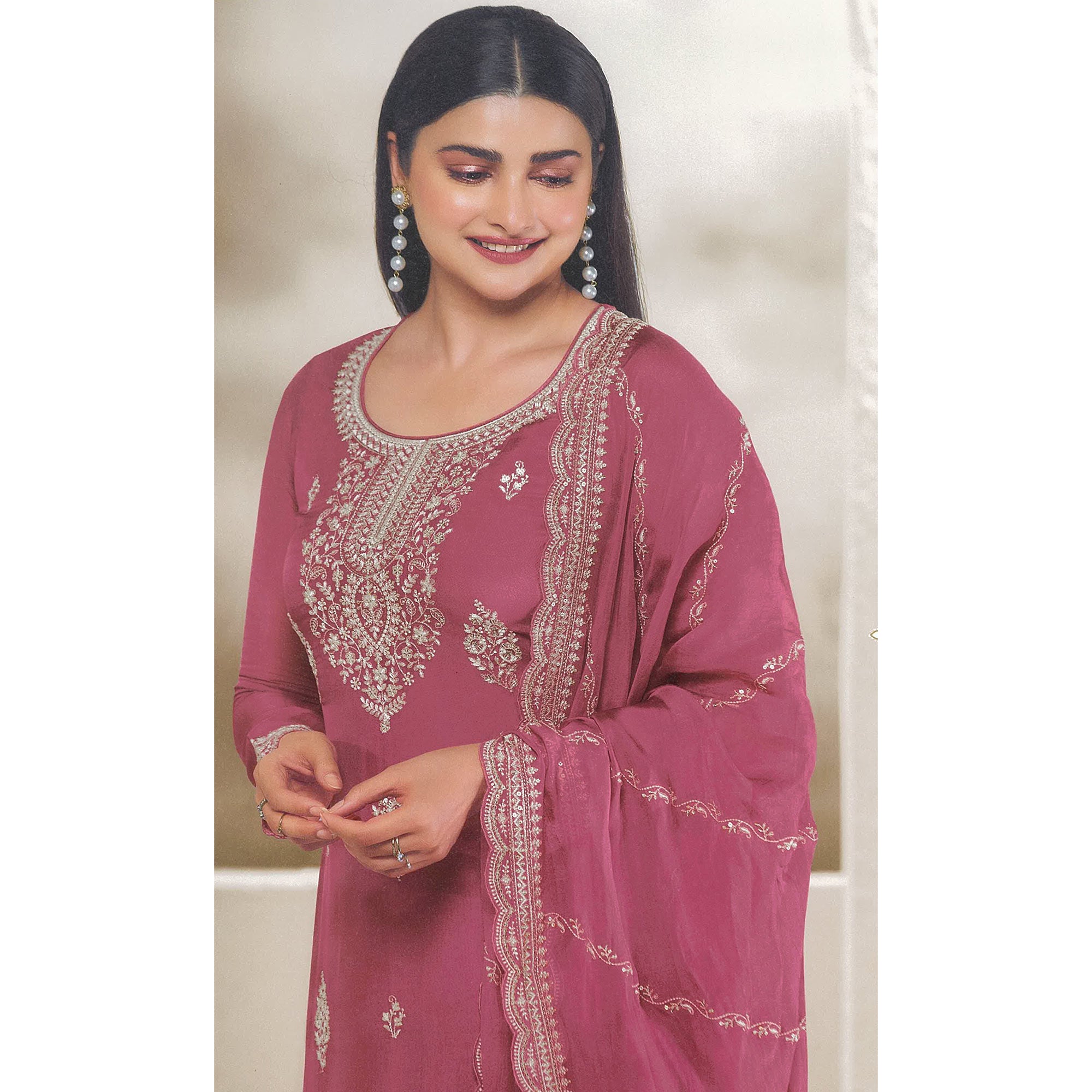 Pink Floral Embroidered Organza Semi Stitched Salwar Suit