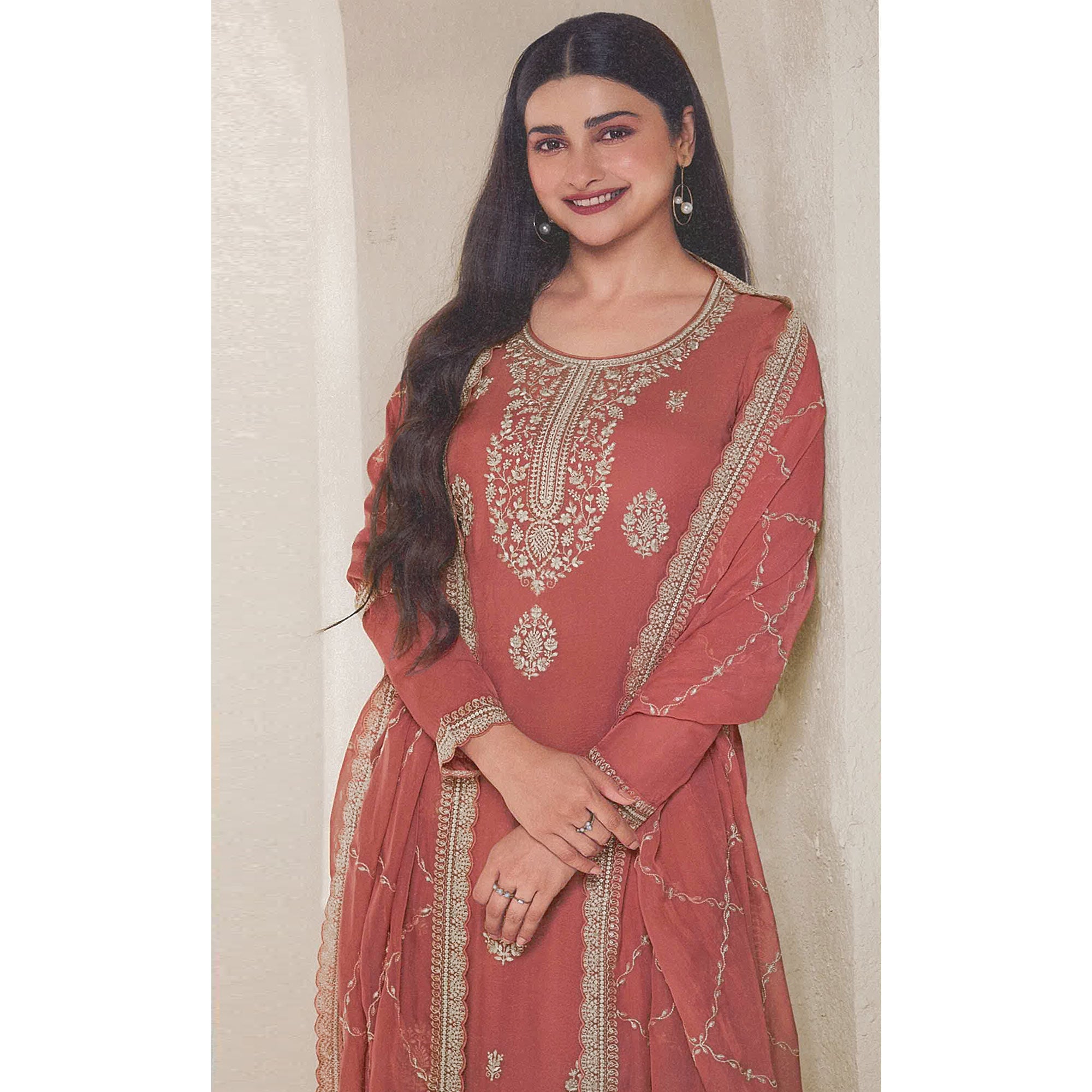 Peach Floral Embroidered Organza Semi Stitched Salwar Suit