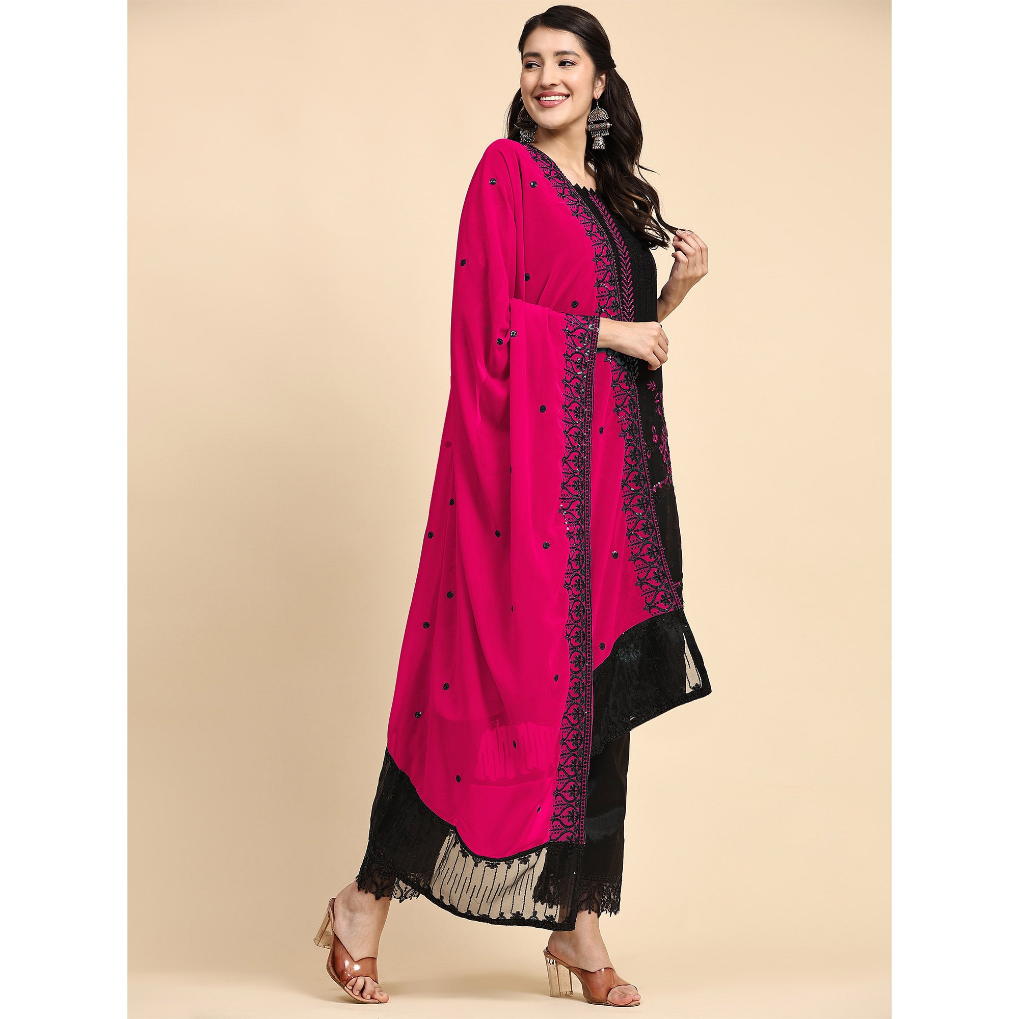 Black & Pink Floral Embroidered Georgette Semi Stitched Pakistani Suit