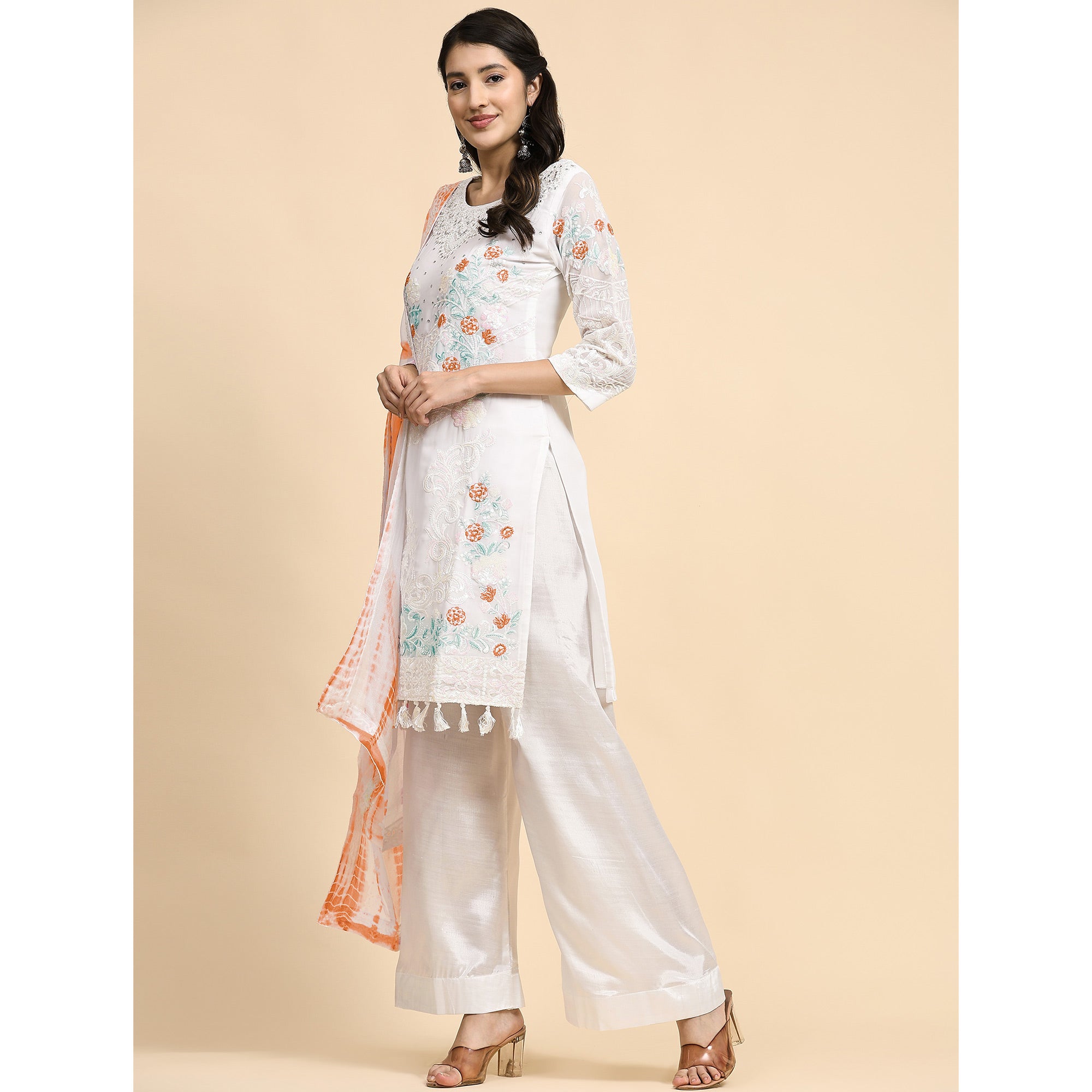 White & Orange Floral Sequins Embroidered Georgette Semi Stitched Pakistani Suit