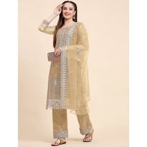 Beige Sequins Embroidered Net Semi Stitched Pakistani Suit