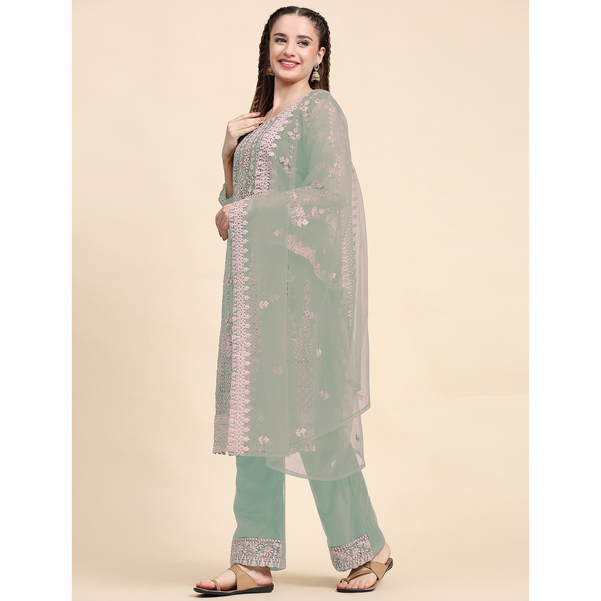 Green Sequins Embroidered Net Semi Stitched Pakistani Suit