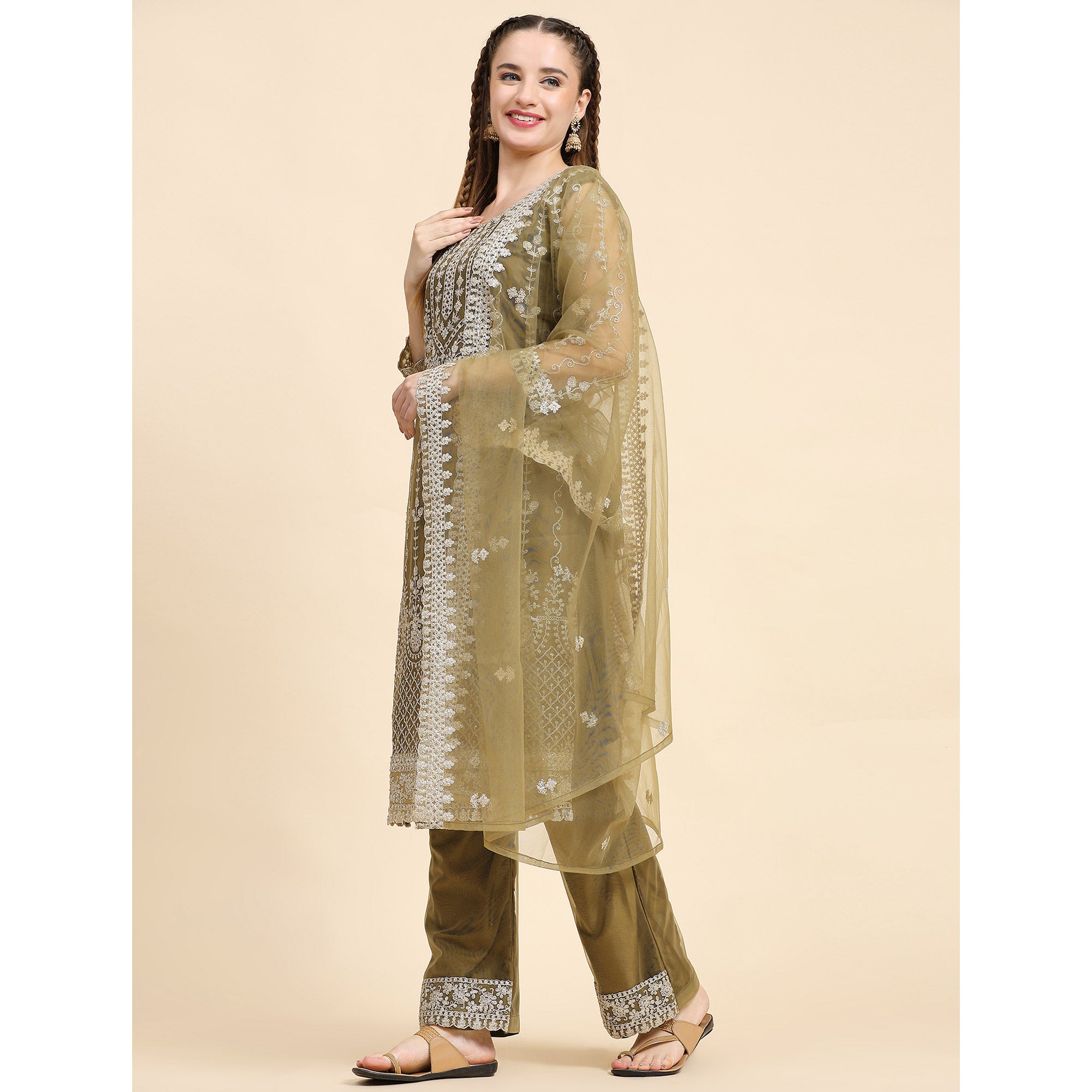 Mehndi Green Sequins Embroidered Net Semi Stitched Pakistani Suit