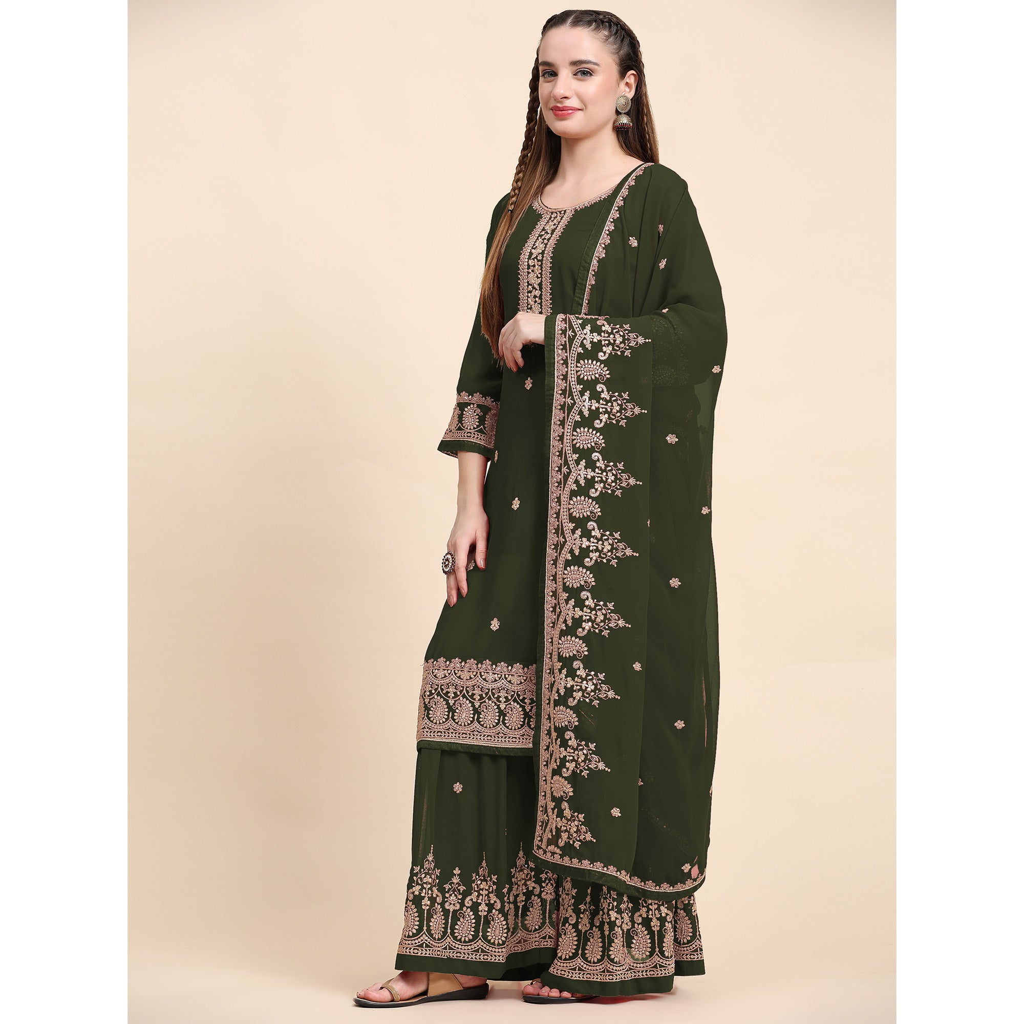 Green Floral Embroidered Georgette Semi Stitched Suit