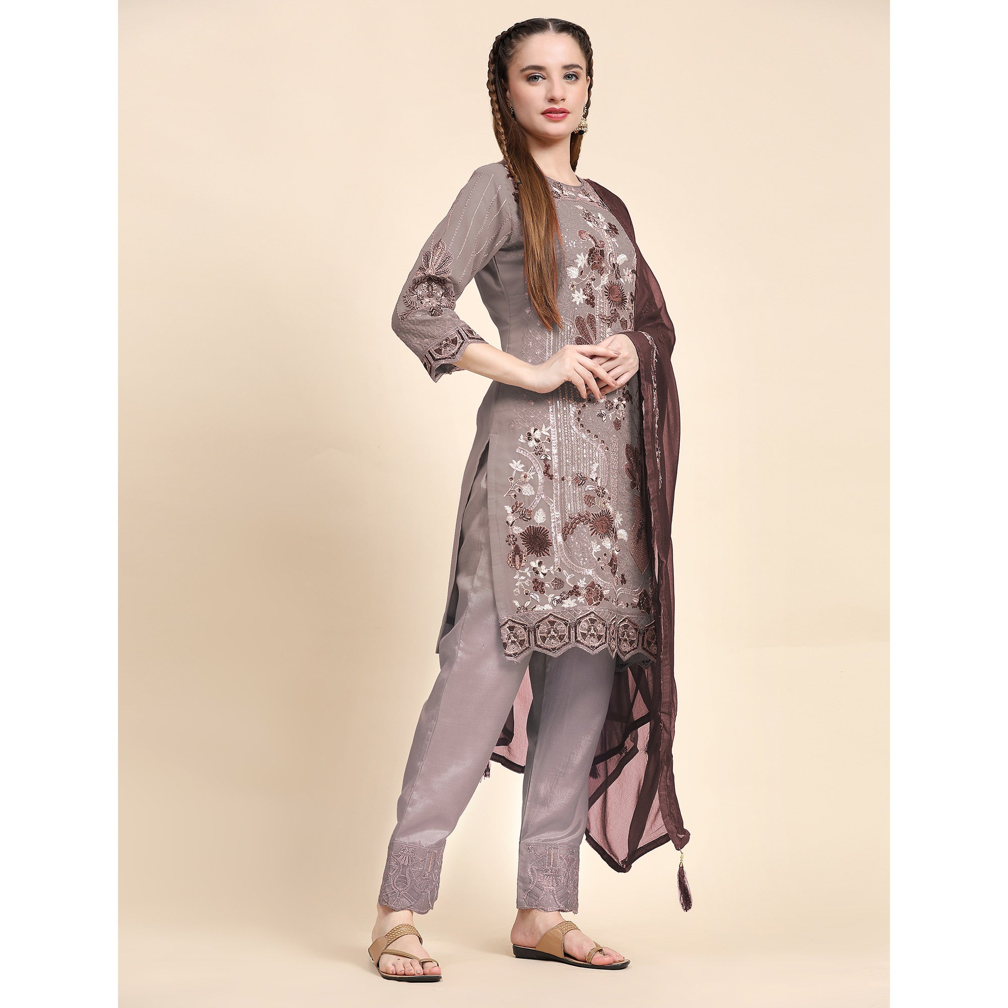 Brown Floral Embroidered Georgette Semi Stitched Pakistani Suit