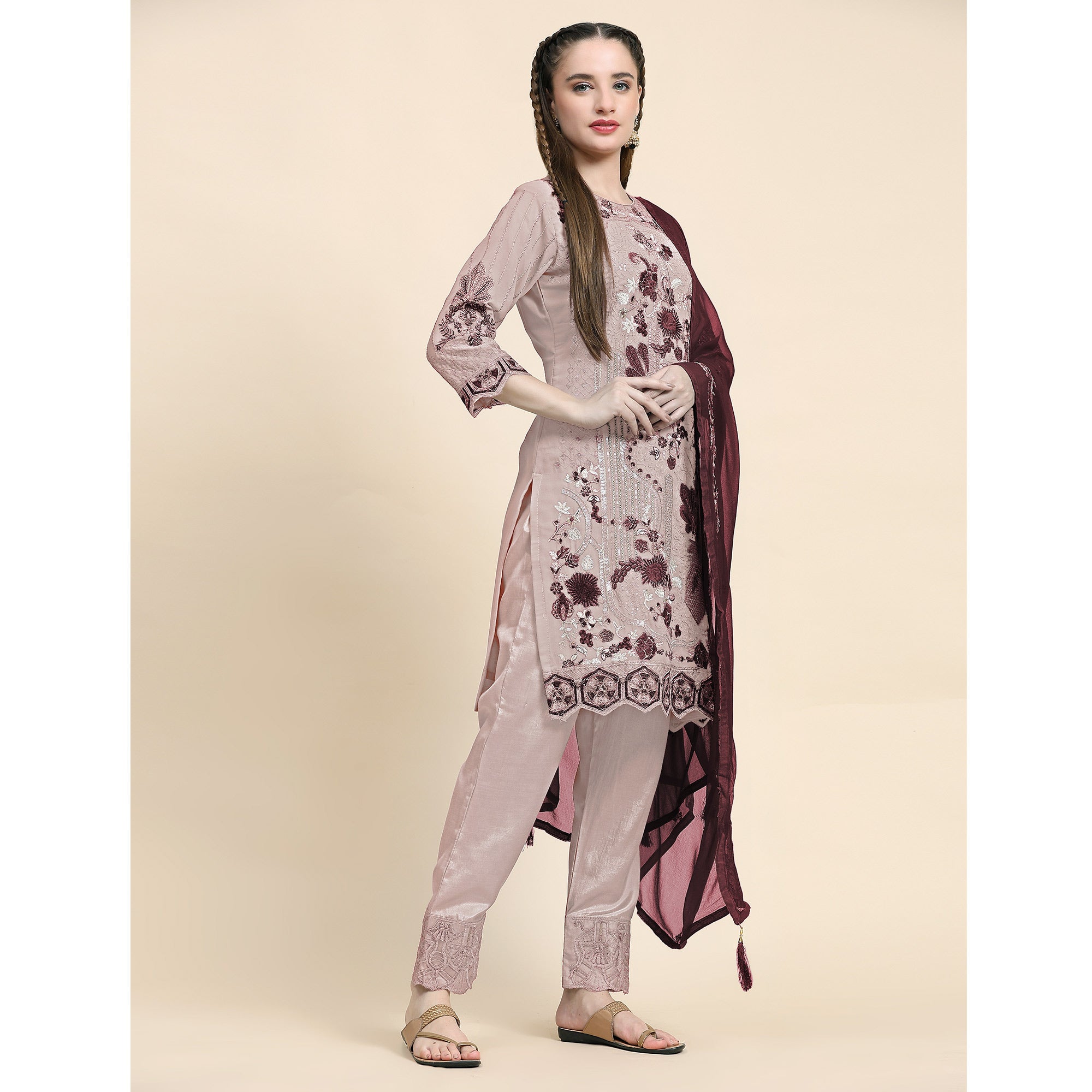 Beige Floral Embroidered Georgette Semi Stitched Pakistani Suit