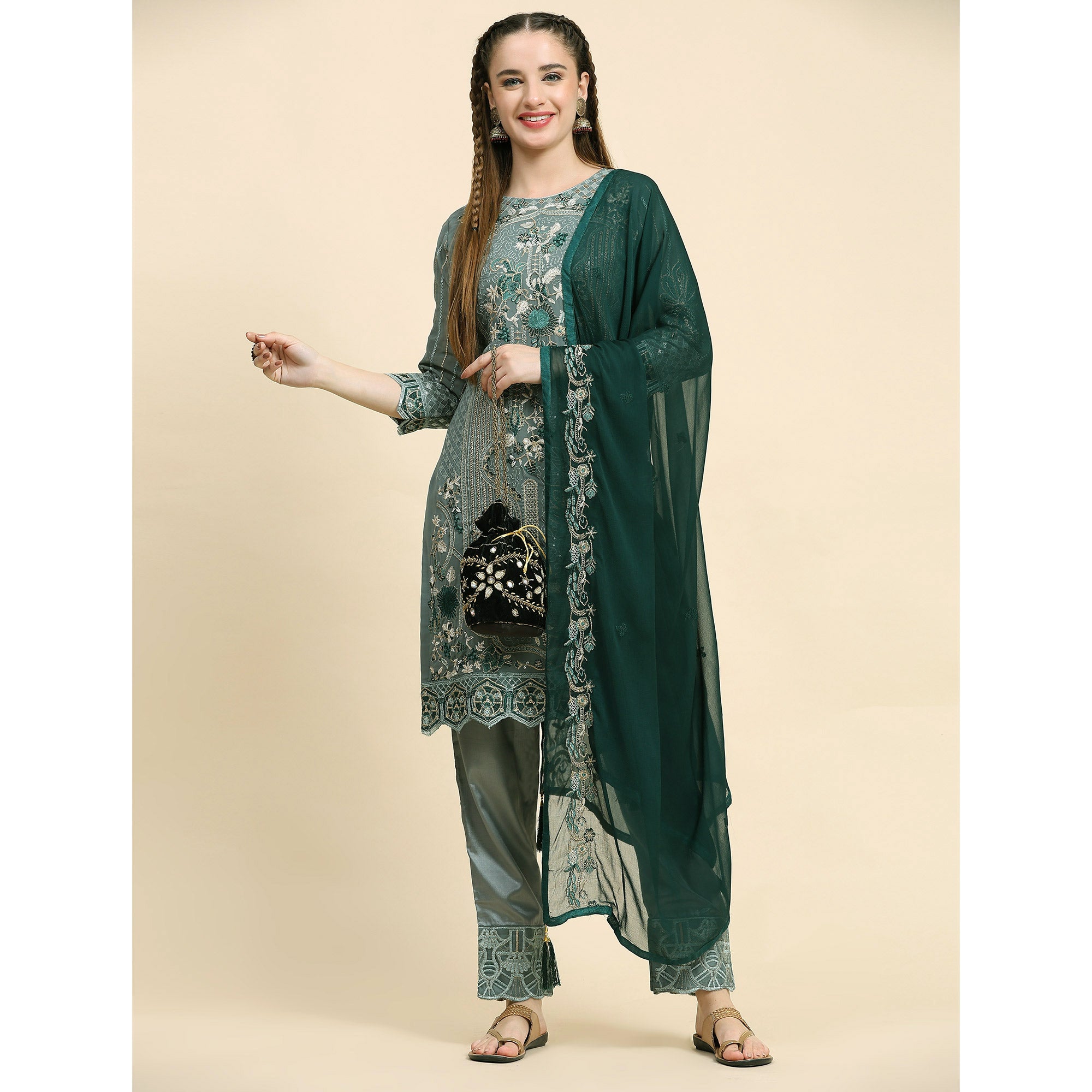 Green Floral Embroidered Georgette Semi Stitched Pakistani Suit