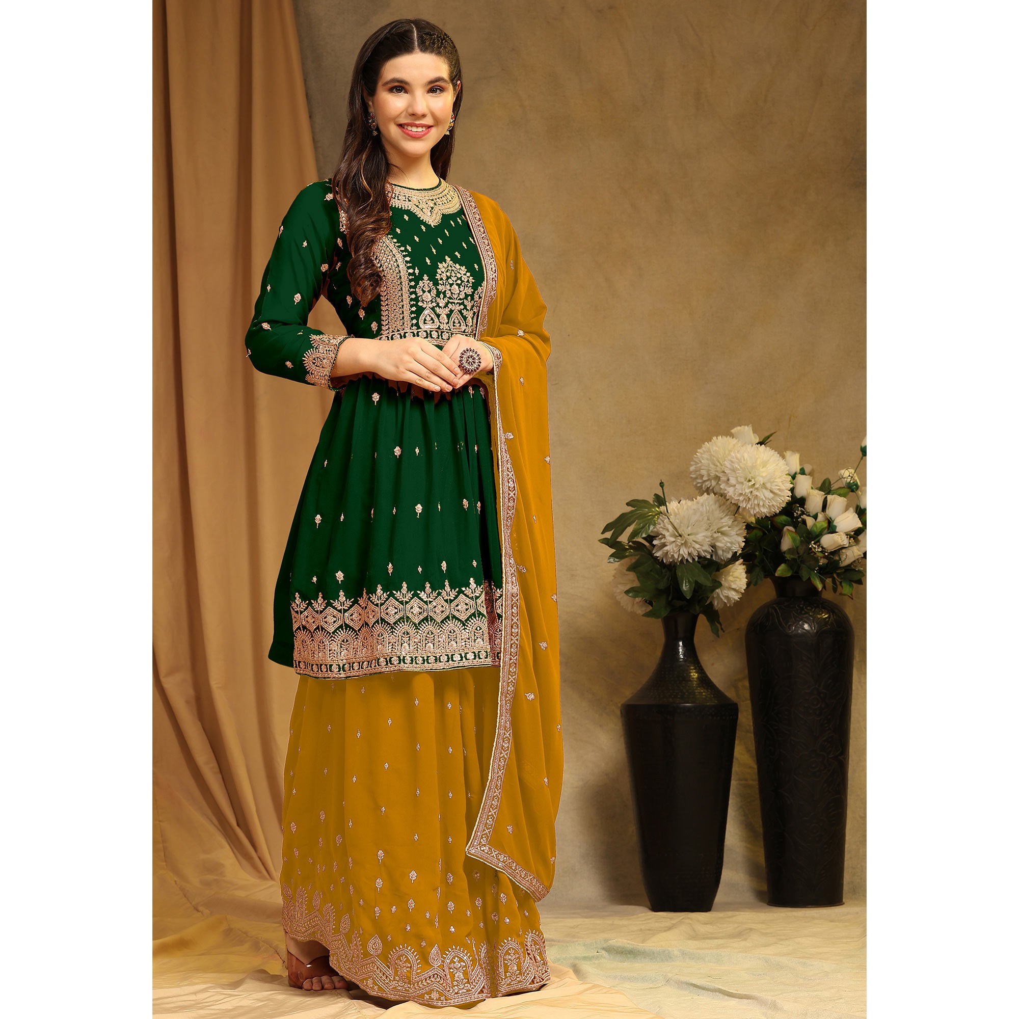 Green Floral Embroidered Georgette Semi Stitched Sharara Suit