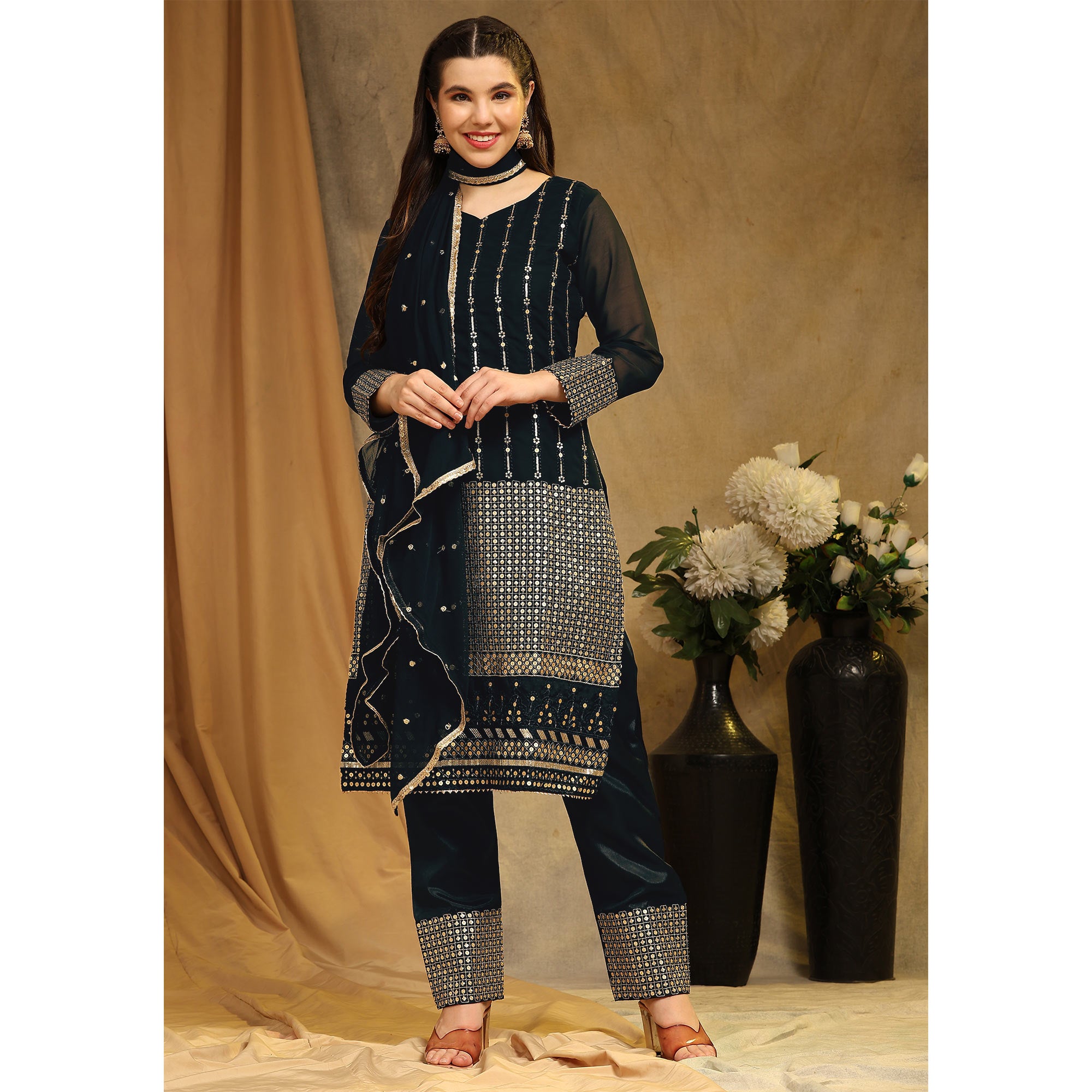 Black Sequins Embroidered Georgette Semi Stitched Salwar Suit