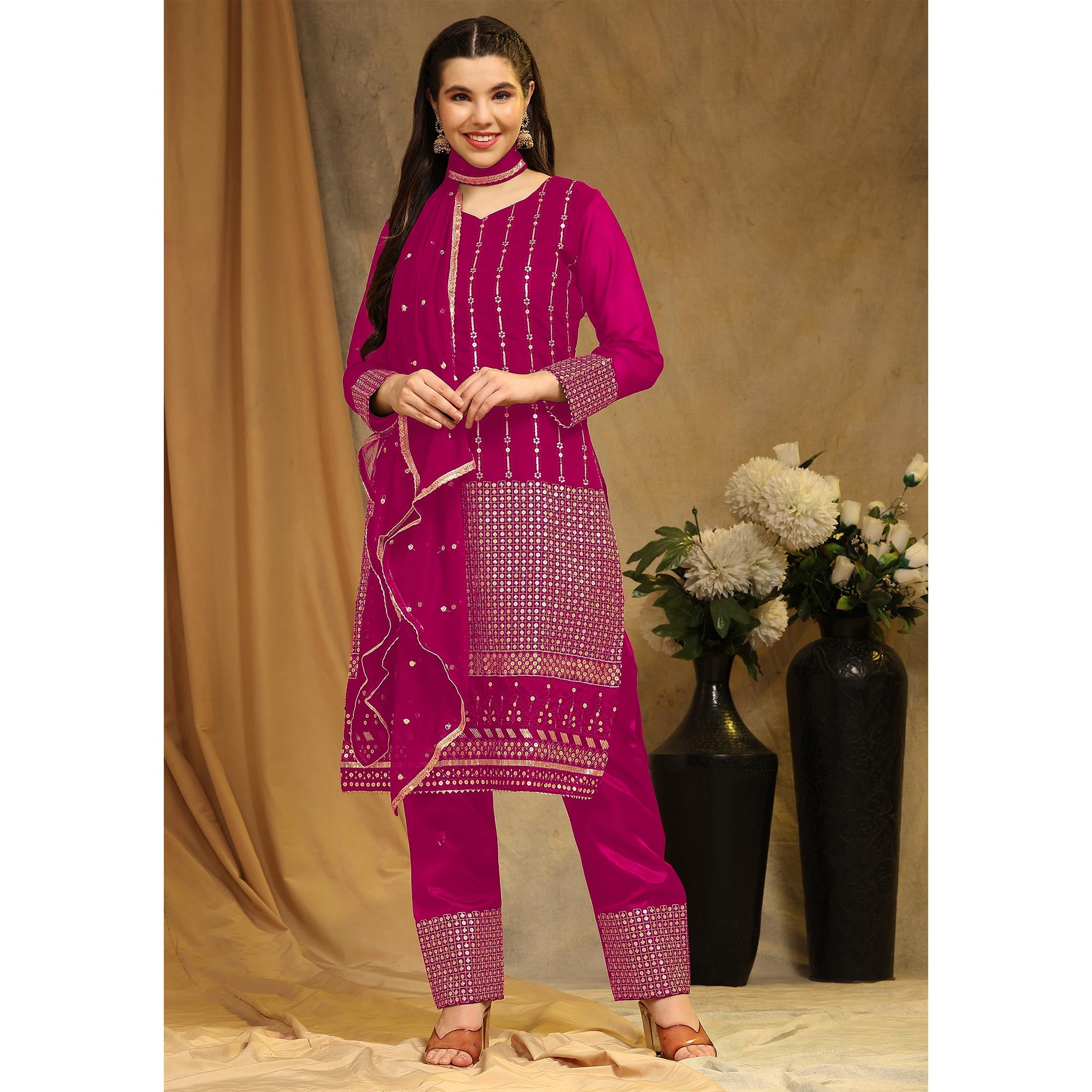 Rani Pink Sequins Embroidered Georgette Semi Stitched Salwar Suit