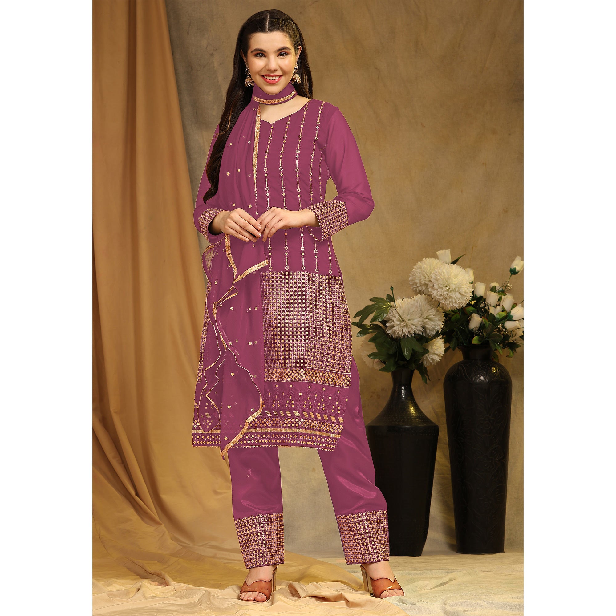 Pink Sequins Embroidered Georgette Semi Stitched Salwar Suit