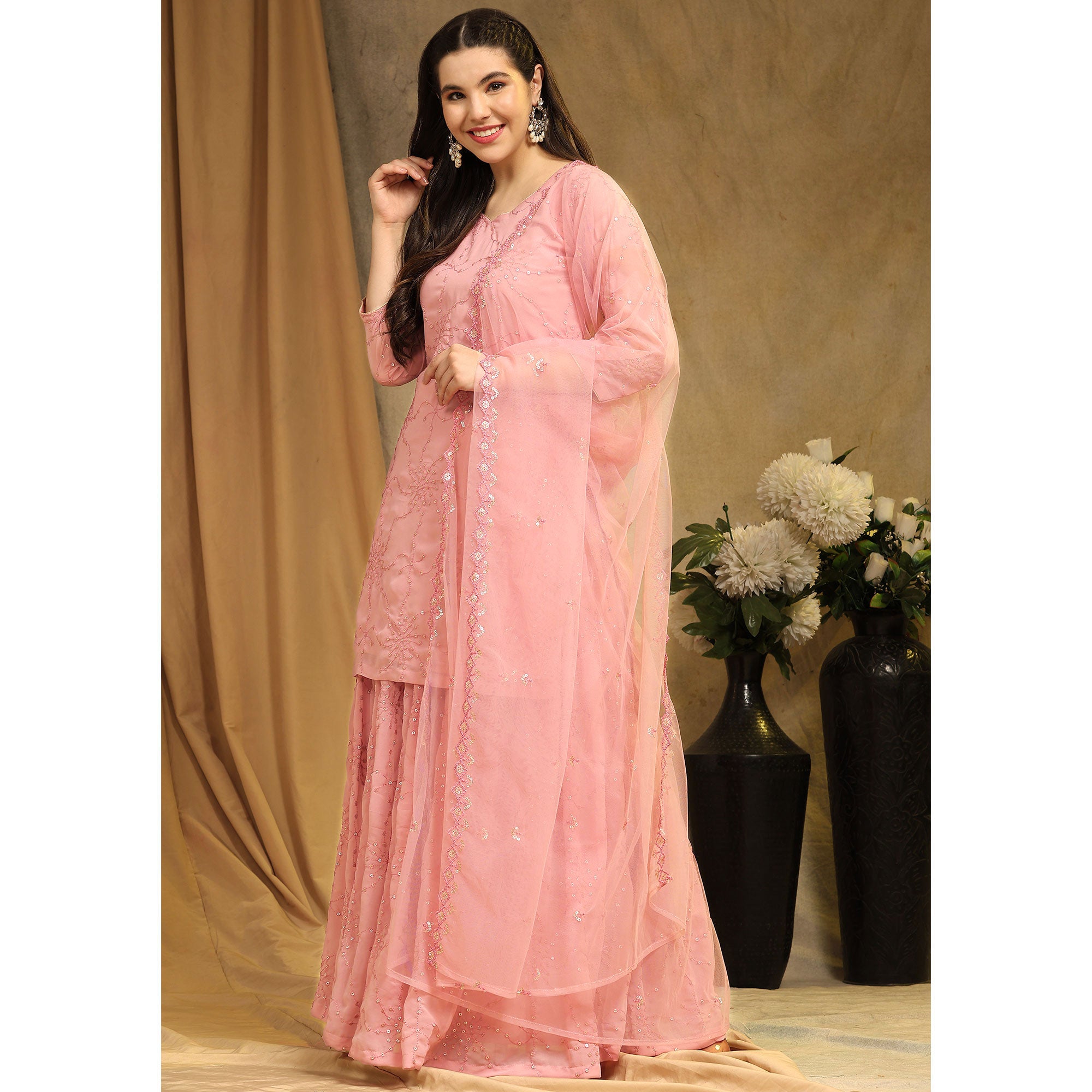 Peach Embroidered Georgette Semi Stitched Sharara Suit