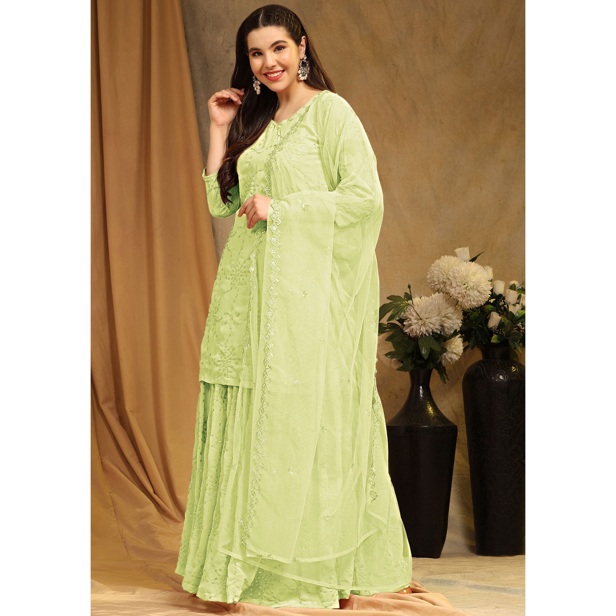 Parrot Green Embroidered Georgette Semi Stitched Sharara Suit