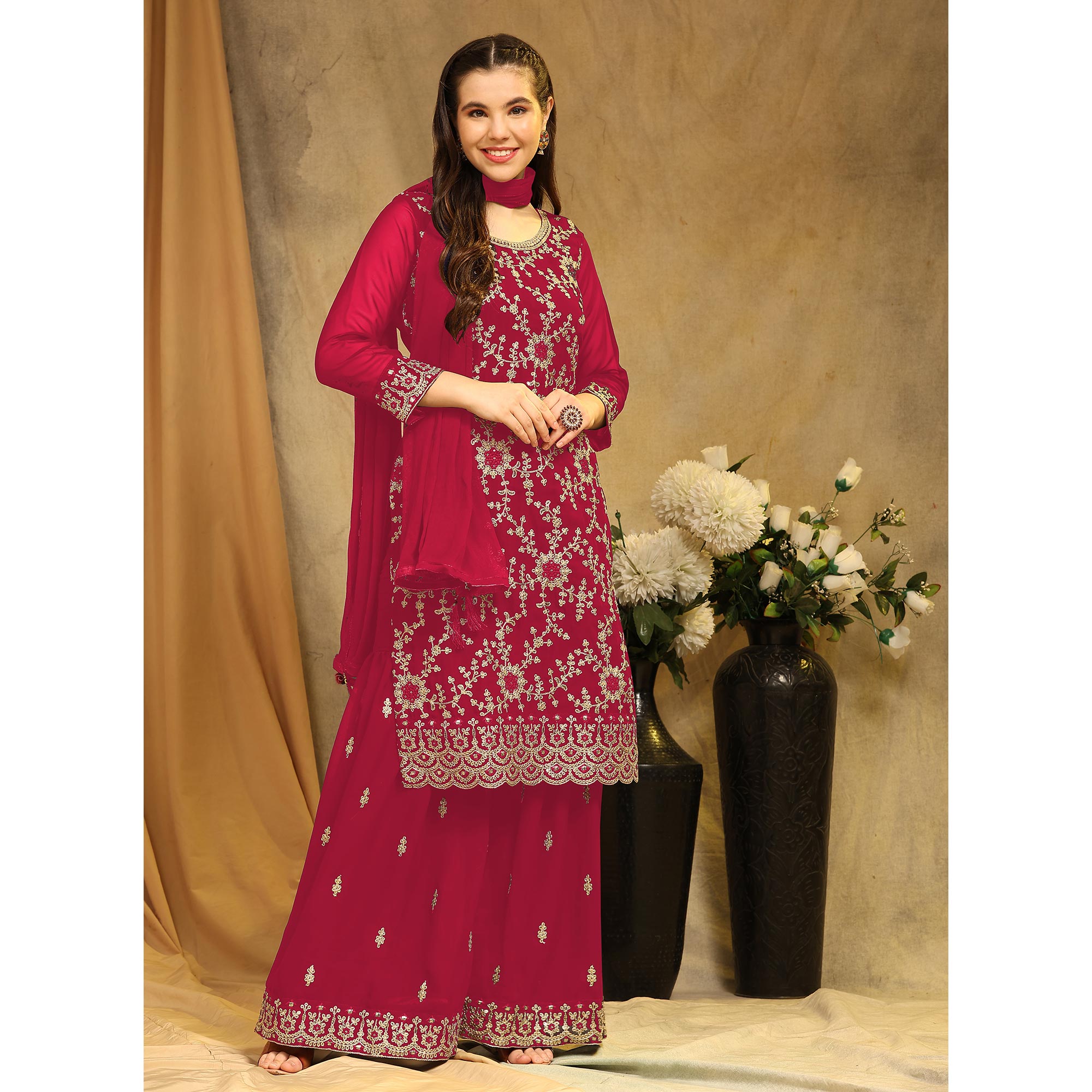 Pink Floral Embroidered Georgette Semi Stitched Suit