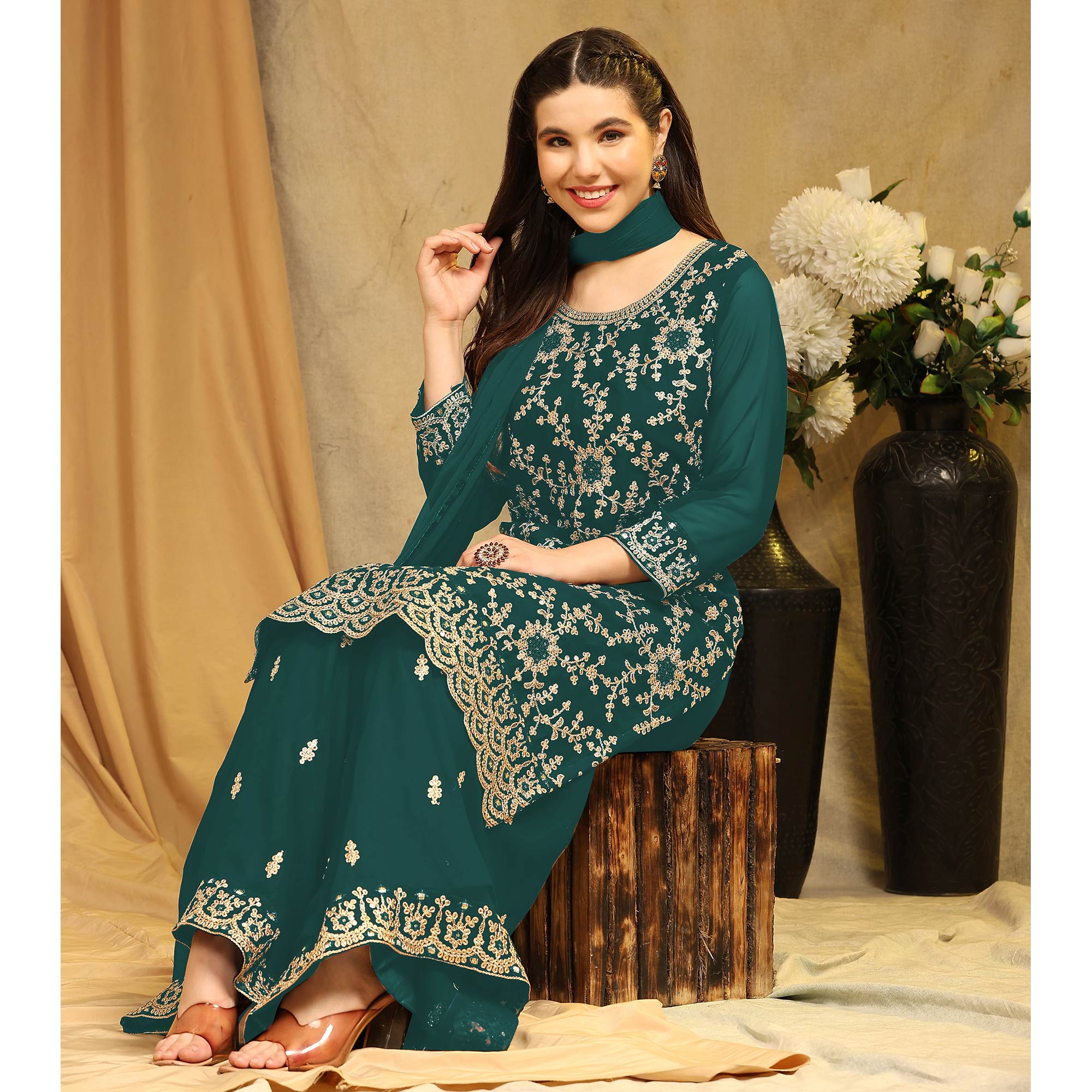 Green Floral Embroidered Georgette Semi Stitched Suit
