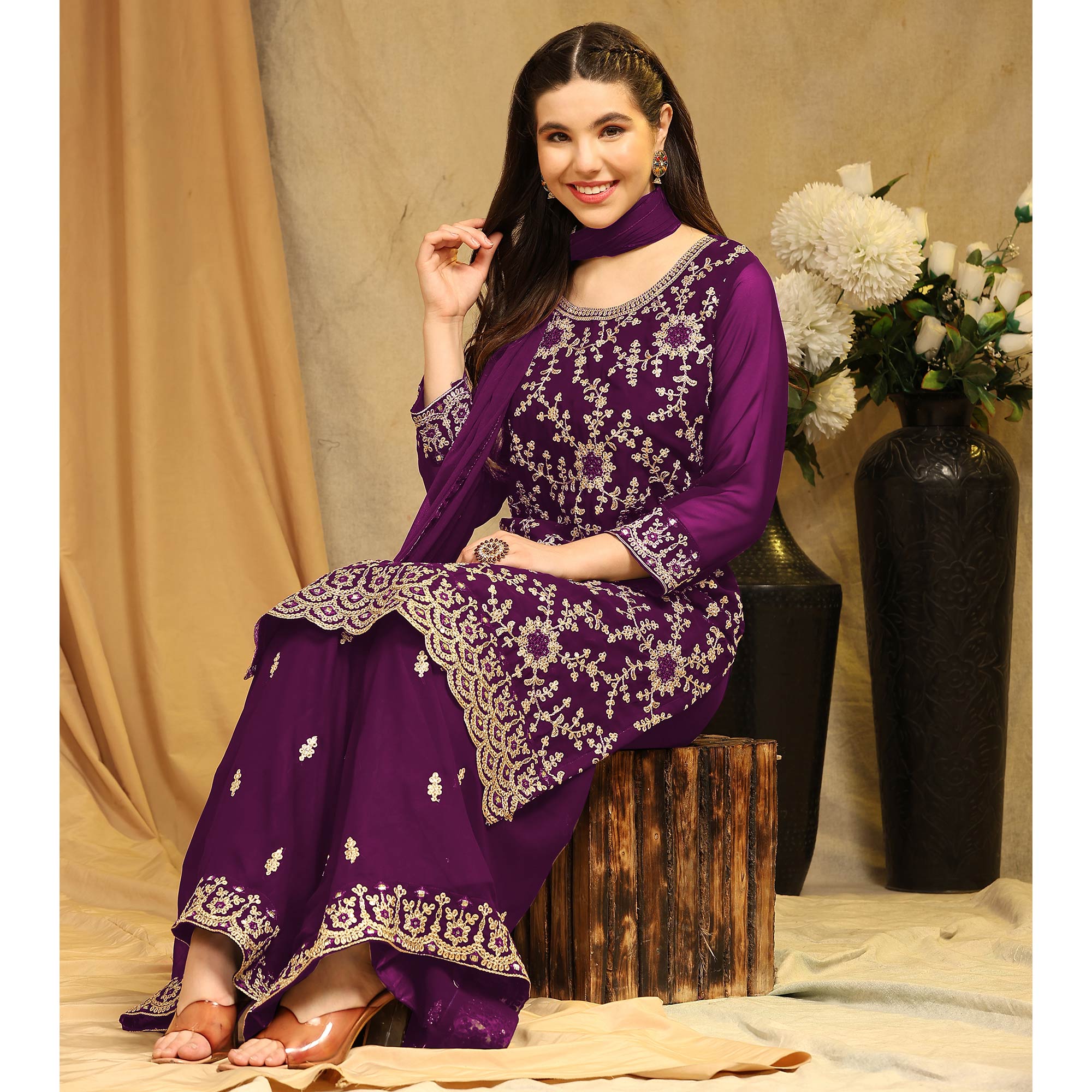 Purple Floral Embroidered Georgette Semi Stitched Suit