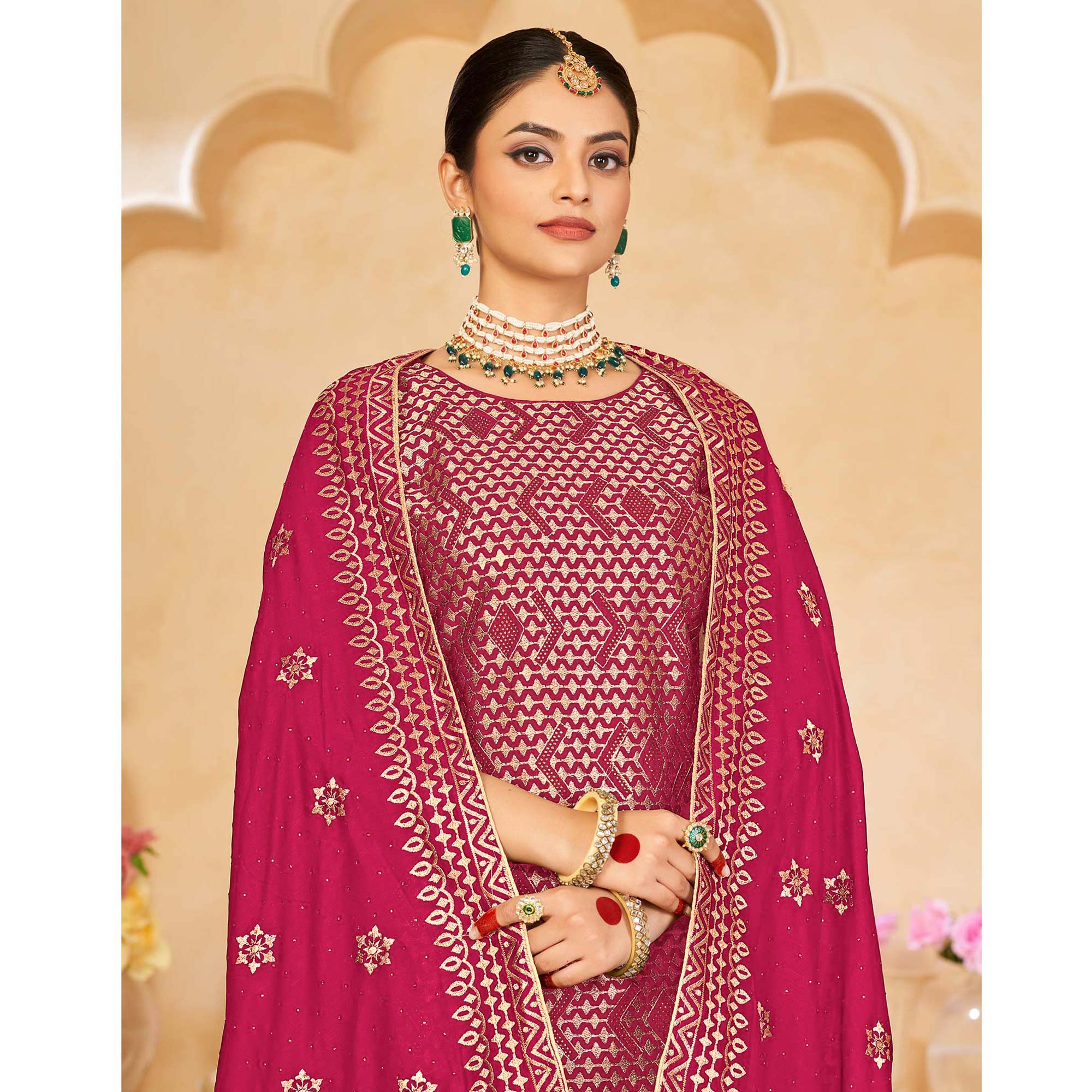 Pink Embroidered With Swarovski Work Vichitra Silk Semi Stitched Salwar Suit