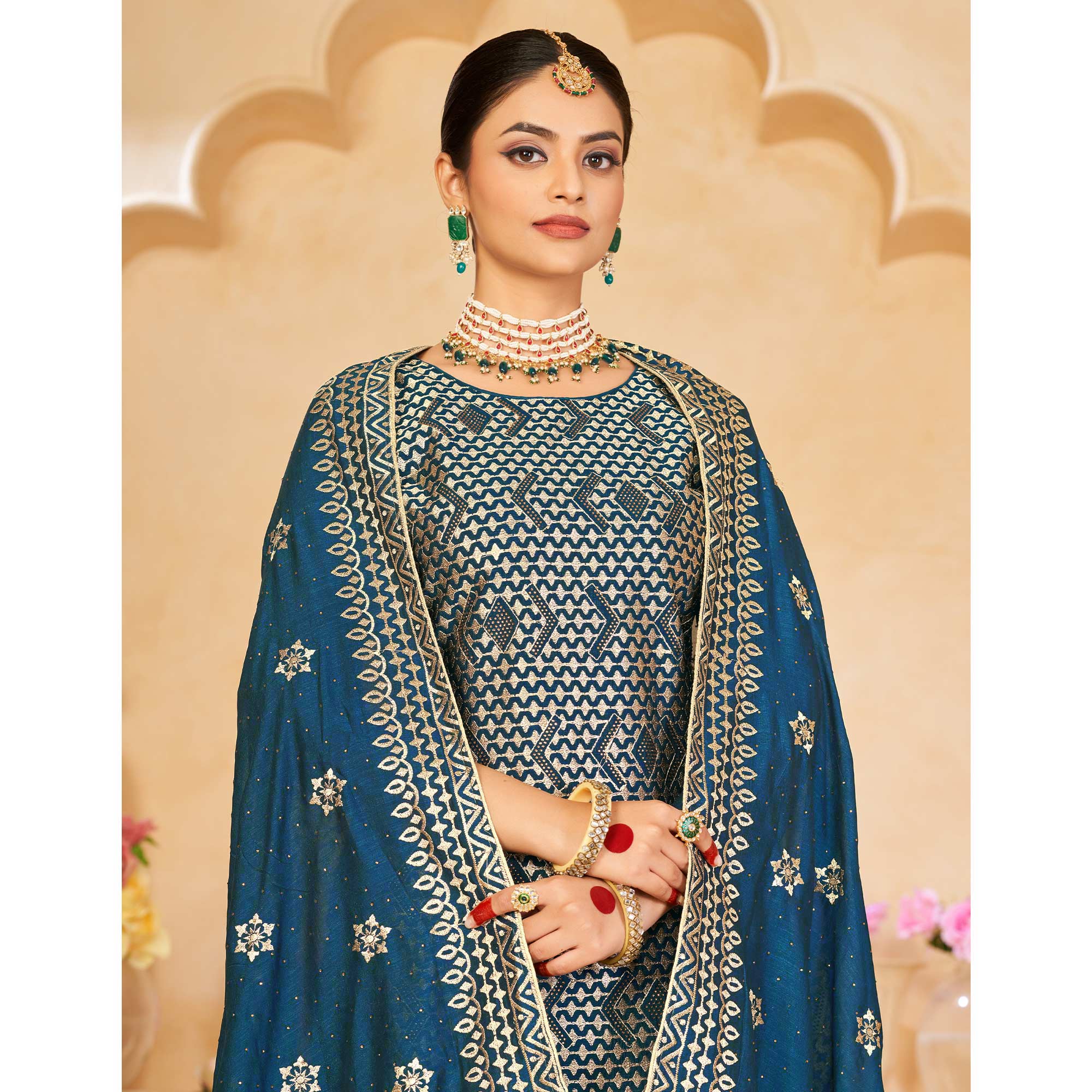 Teal Blue Embroidered With Swarovski Work Vichitra Silk Semi Stitched Salwar Suit