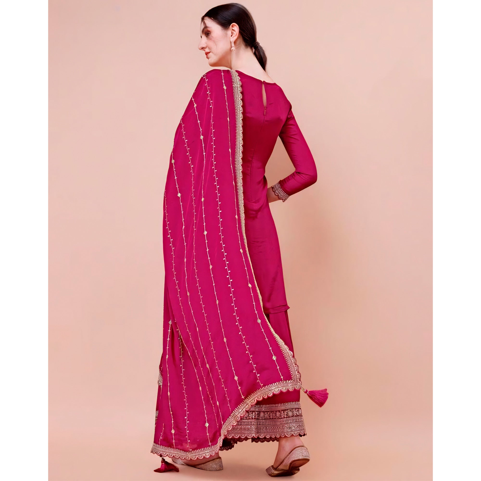 Rani Pink Floral Zari Woven Chinon Semi Stitched Dress Material