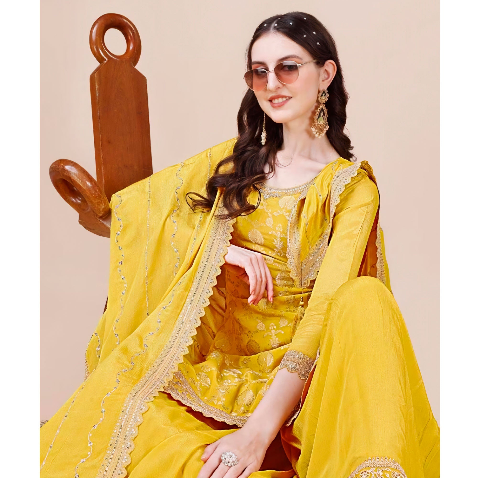 Yellow Floral Zari Woven Chinon Semi Stitched Dress Material