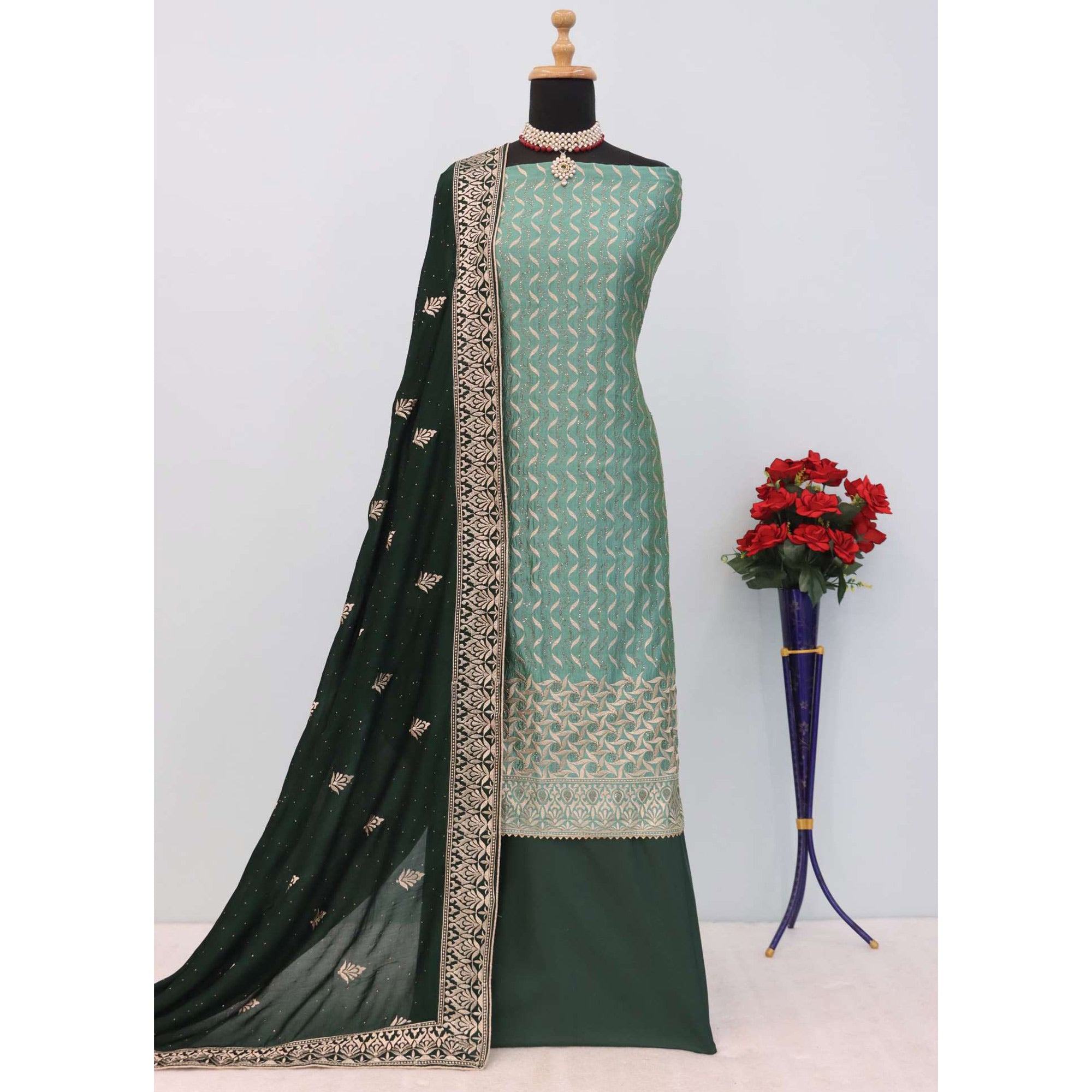 Green Embroidery With Swarovski Work Vichitra Silk Semi Stitched Suit