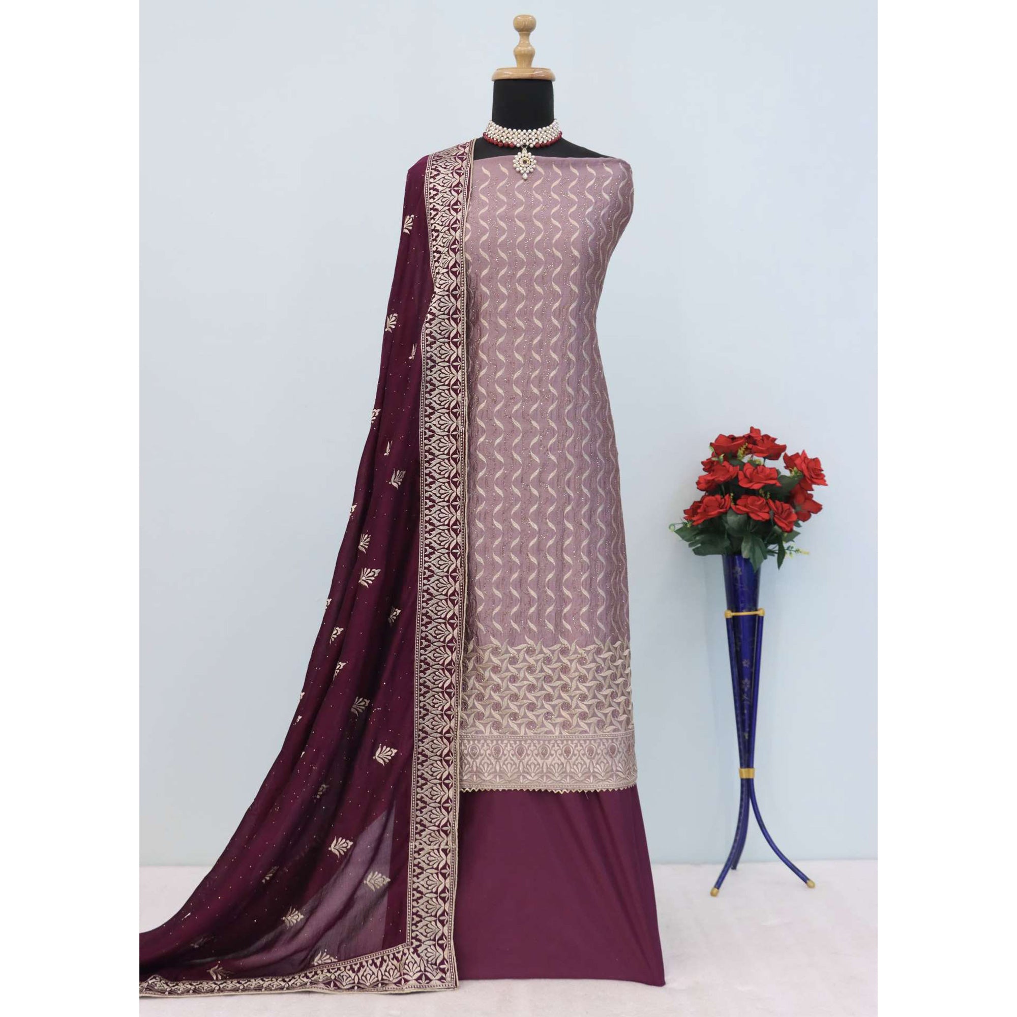 Purple Embroidery With Swarovski Work Vichitra Silk Semi Stitched Suit
