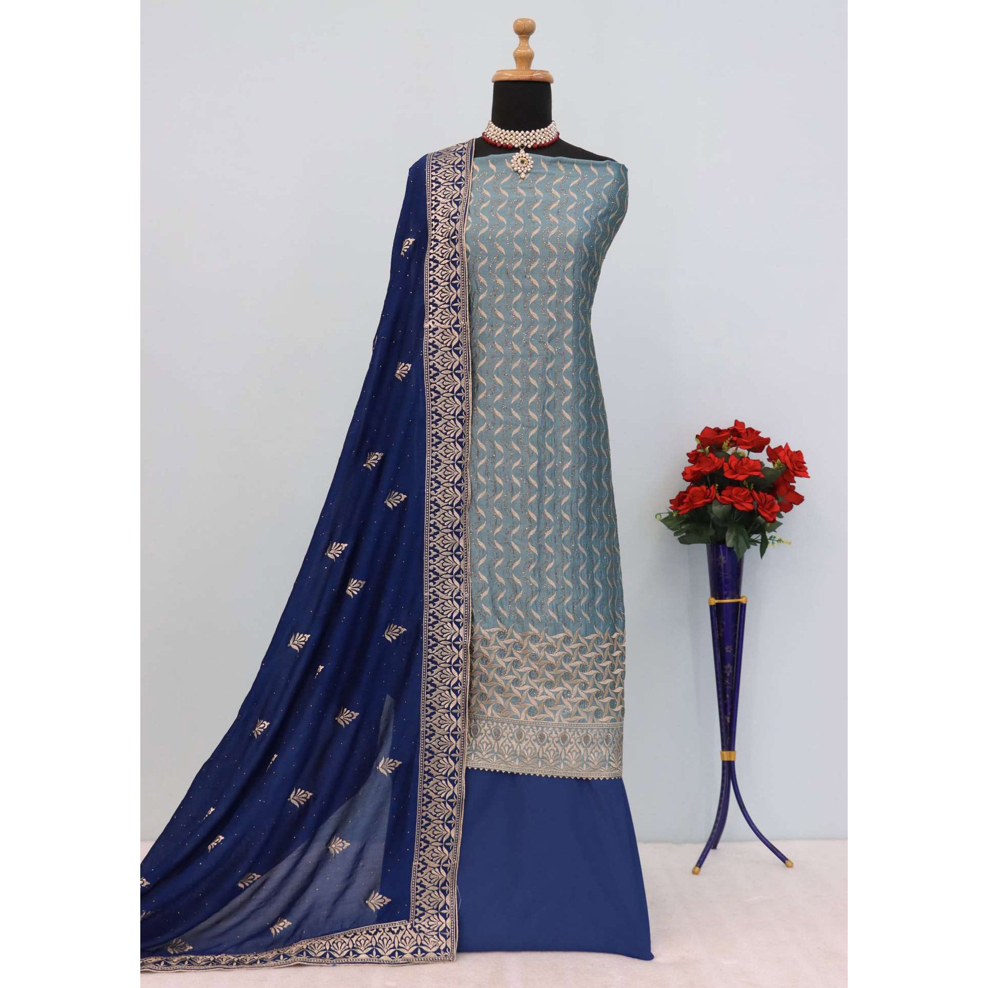 Blue Embroidery With Swarovski Work Vichitra Silk Semi Stitched Suit