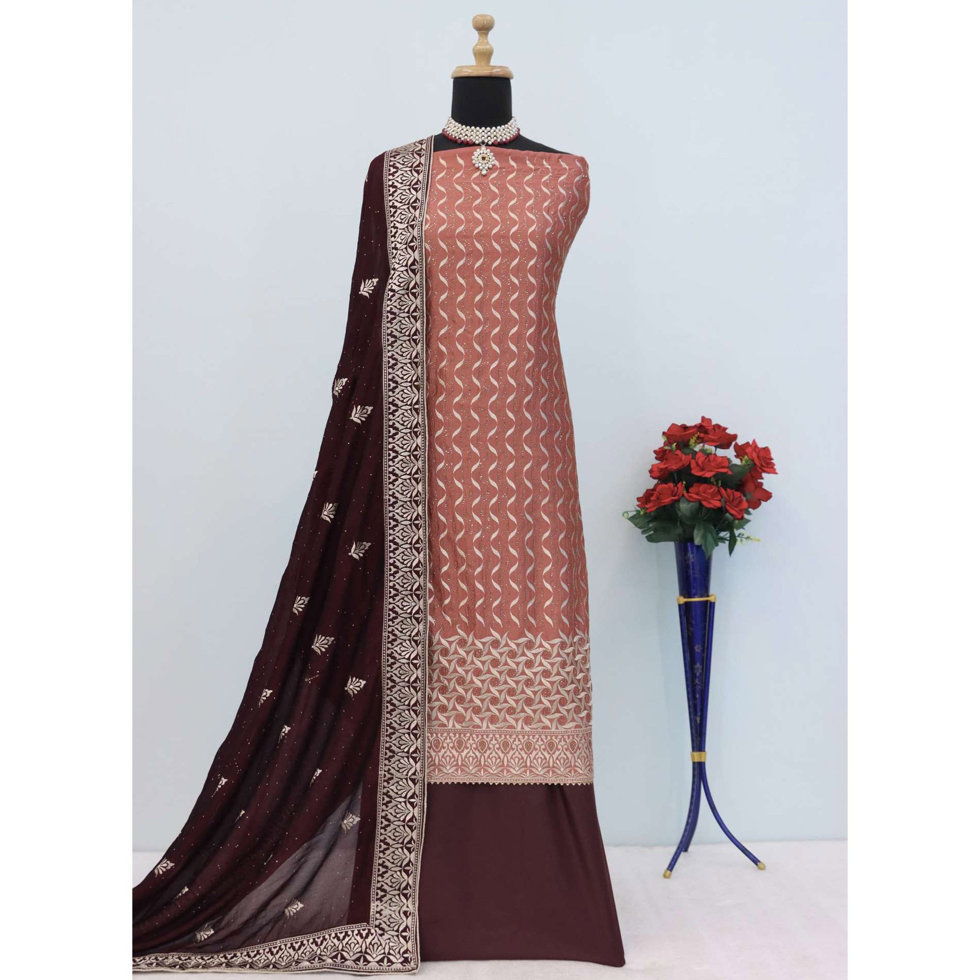 Rust Embroidery With Swarovski Work Vichitra Silk Semi Stitched Suit