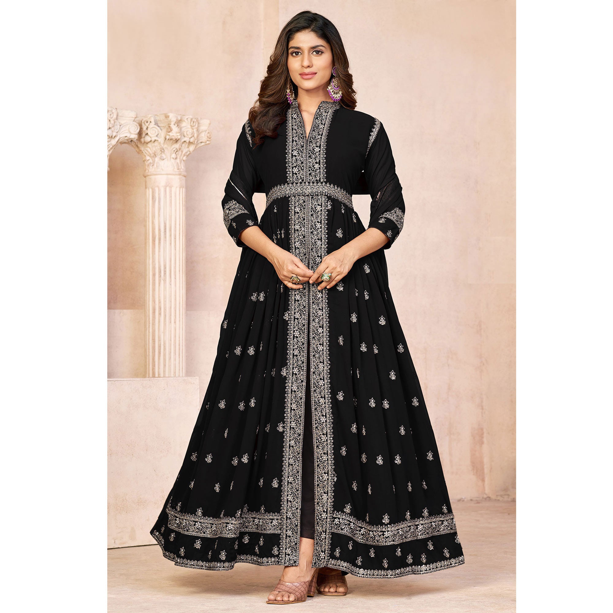 Black Floral Embroidered Front Slit Semi Stitched Georgette Anarkali Suit