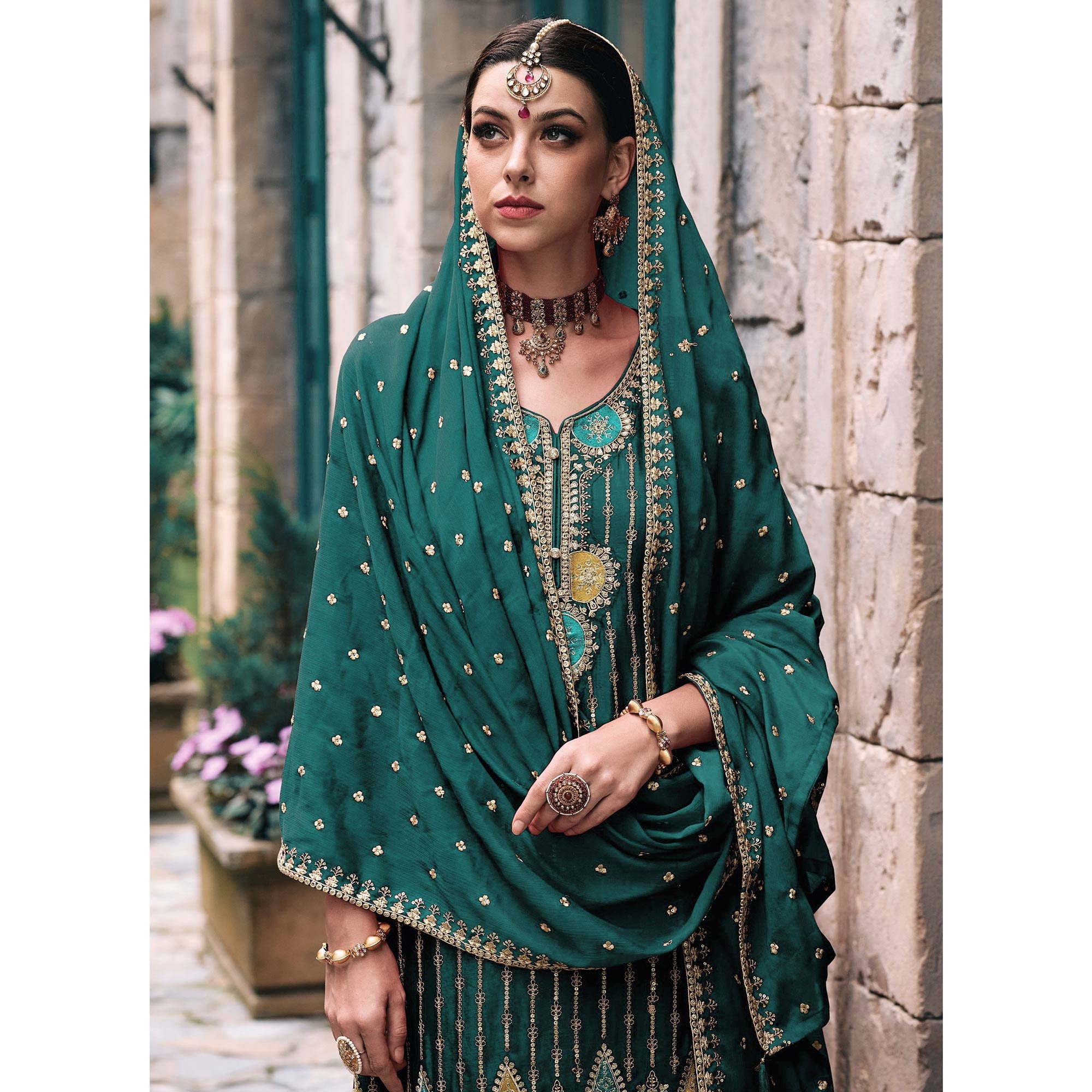 Green Embroidered Chinon Semi Stitched Palazzo Suit