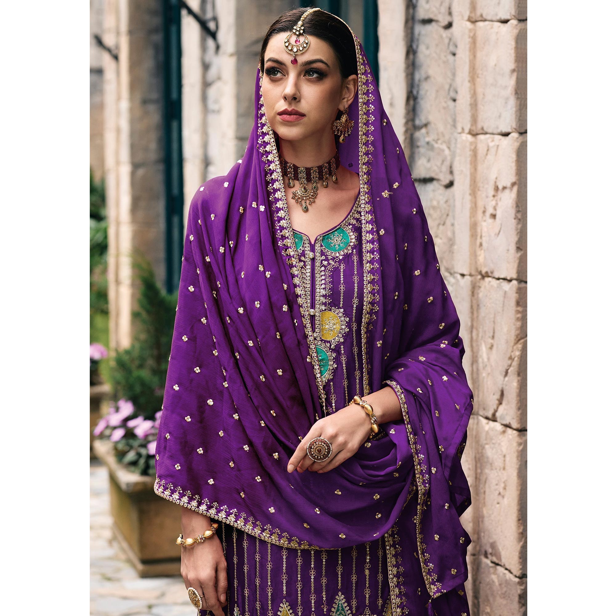 Purple Embroidered Chinon Semi Stitched Palazzo Suit