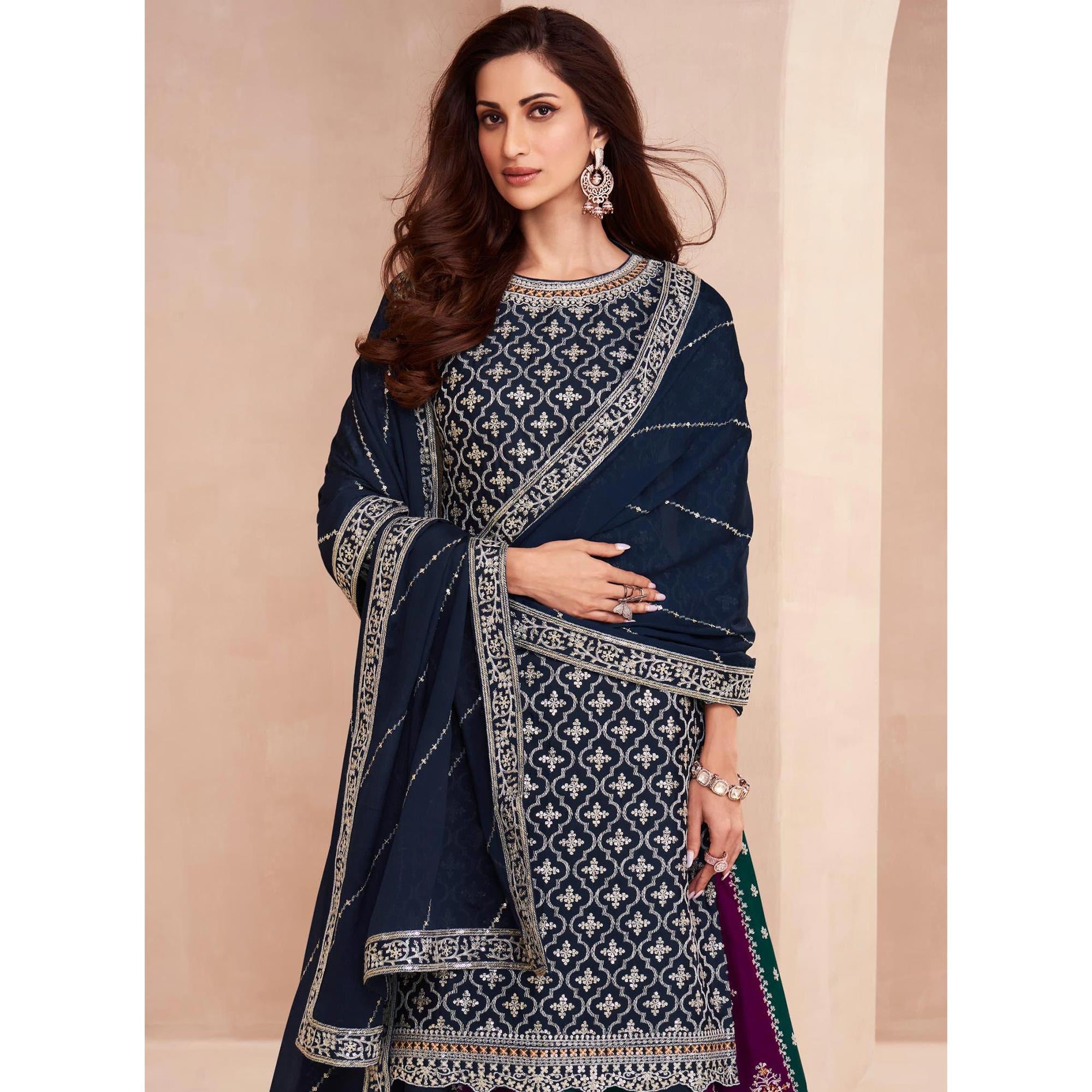 Navy Blue Embroidered Chinon Semi Stitched Sharara Suit