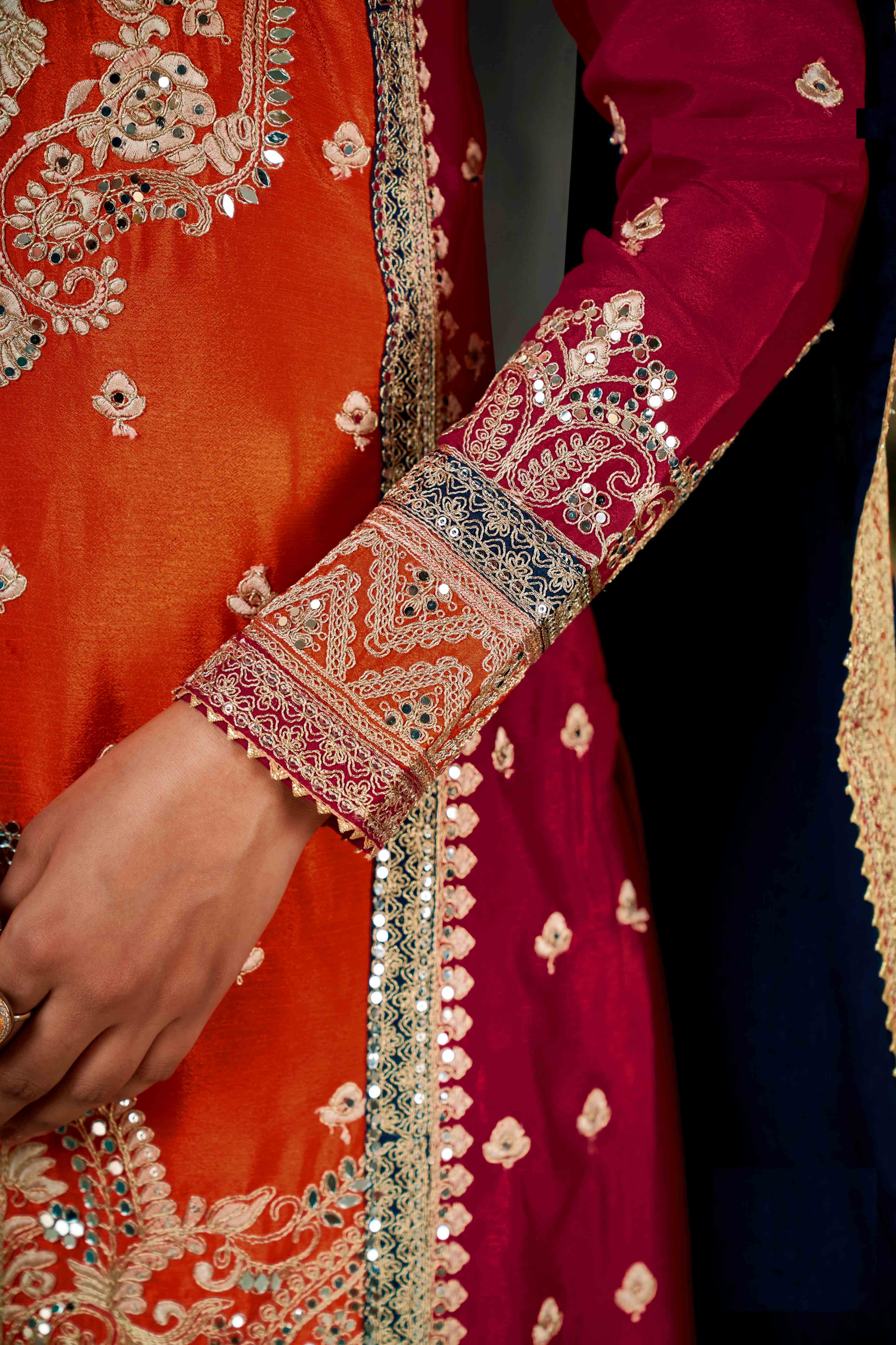 Pink & Orange Floral Sequins Embroidered Chinon Silk Semi Stitched Palazzo Suit