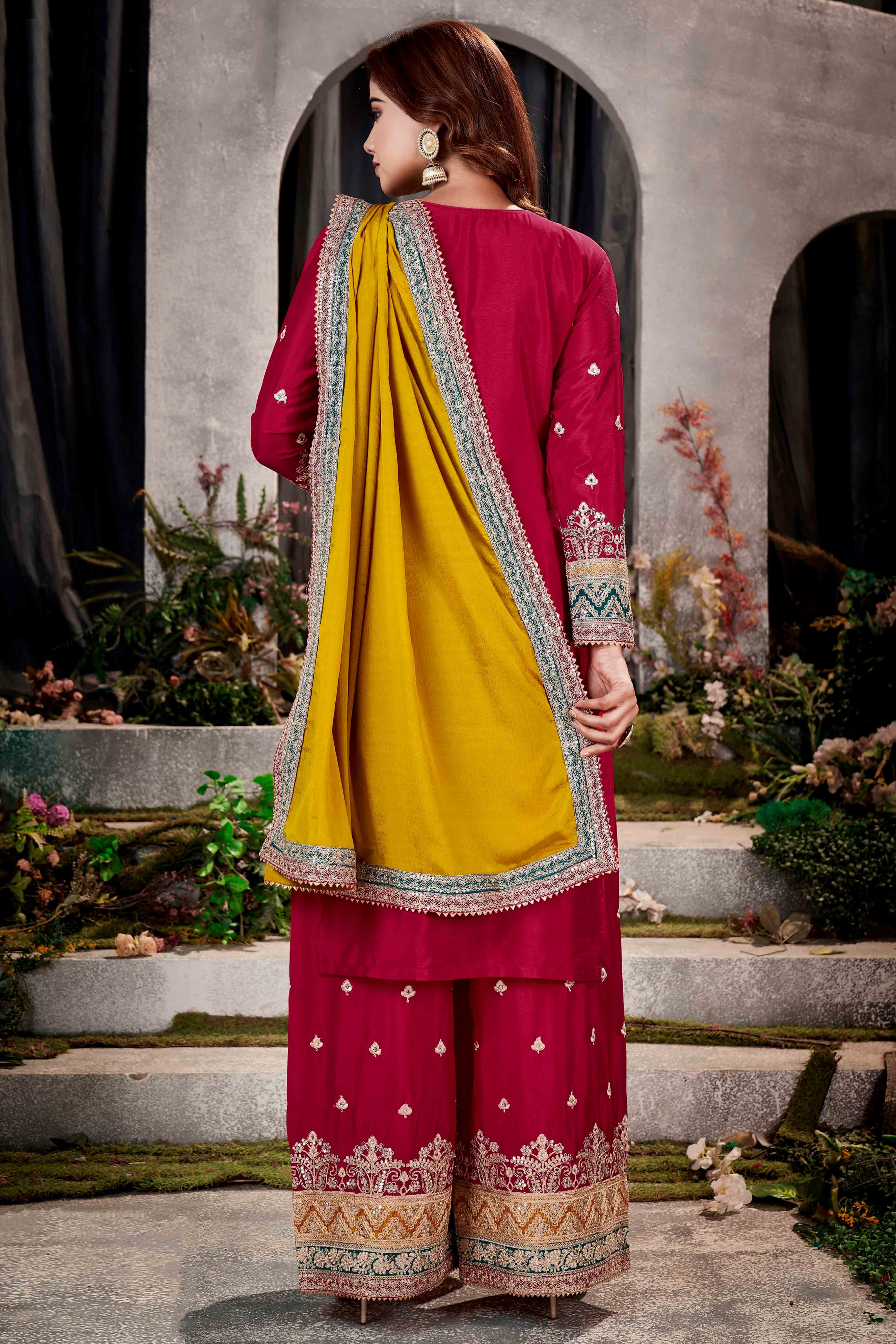 Cherry Red & Teal Green Floral Sequins Embroidered Chinon Silk Semi Stitched Palazzo Suit