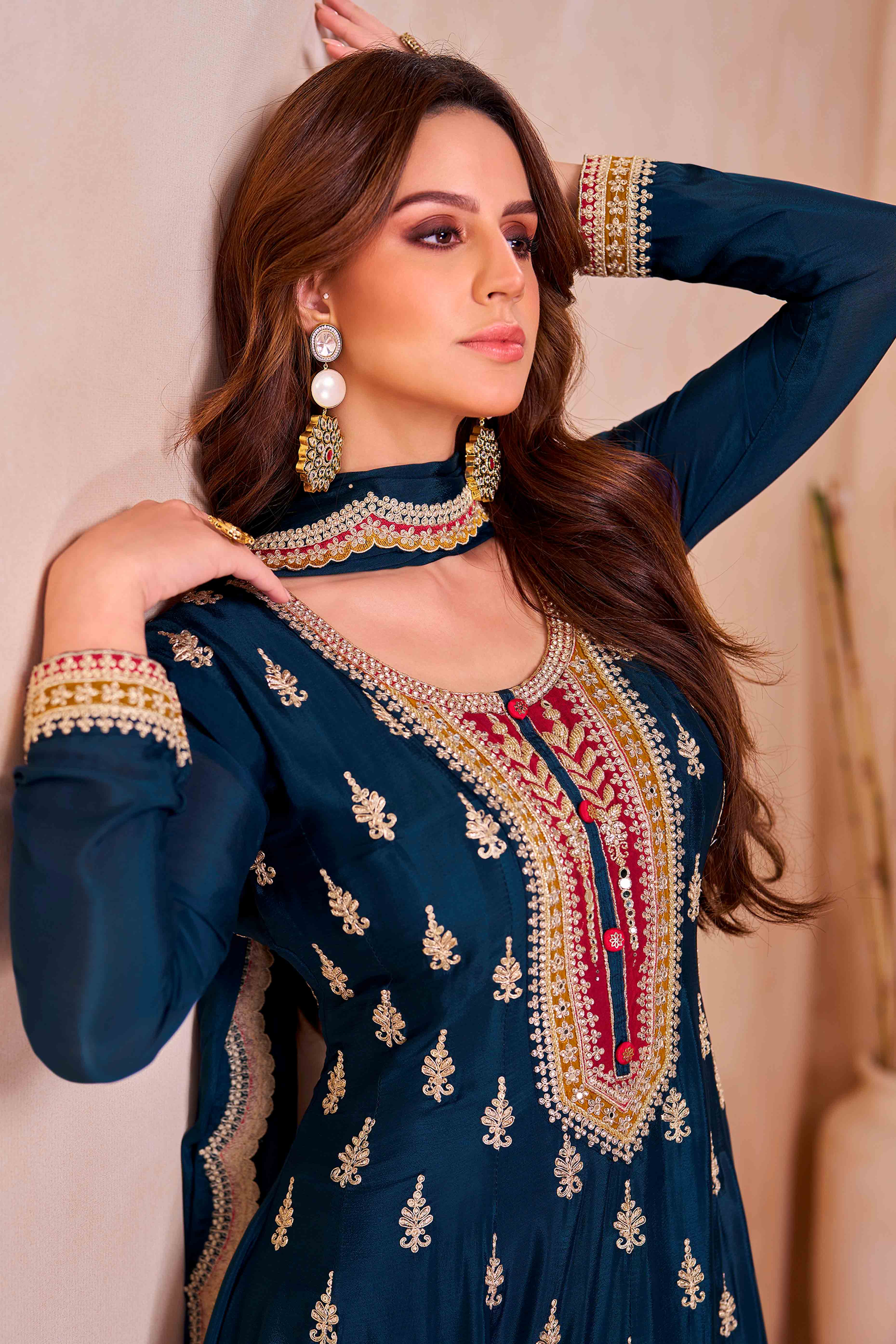 Blue Floral Sequins Embroidered Chinon Palazzo Suit